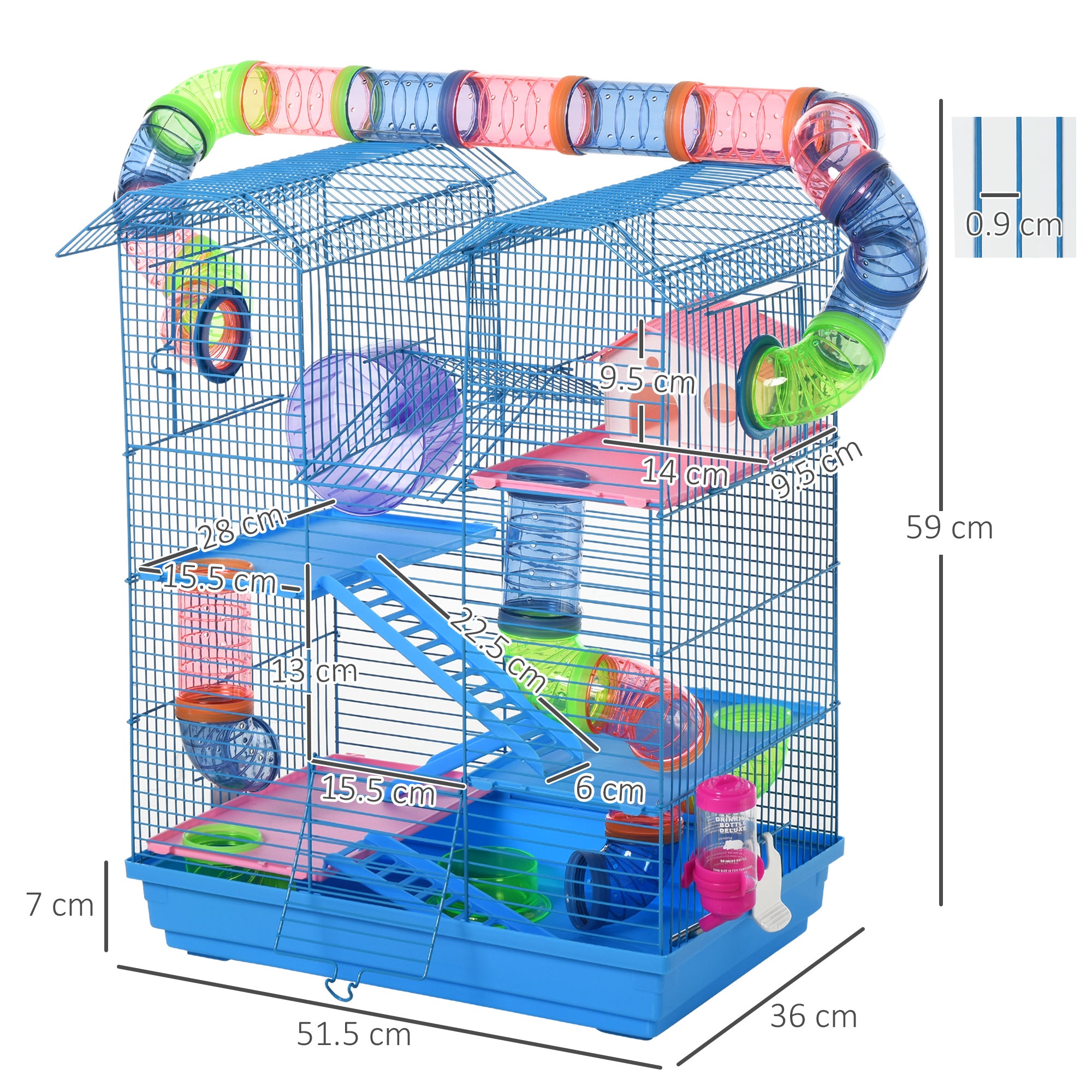 PawHut Hamster Habitat, 5 Tier Cage with Exercise Wheels, Tunnel, Water Bottle, Dishes, Ladder, Blue