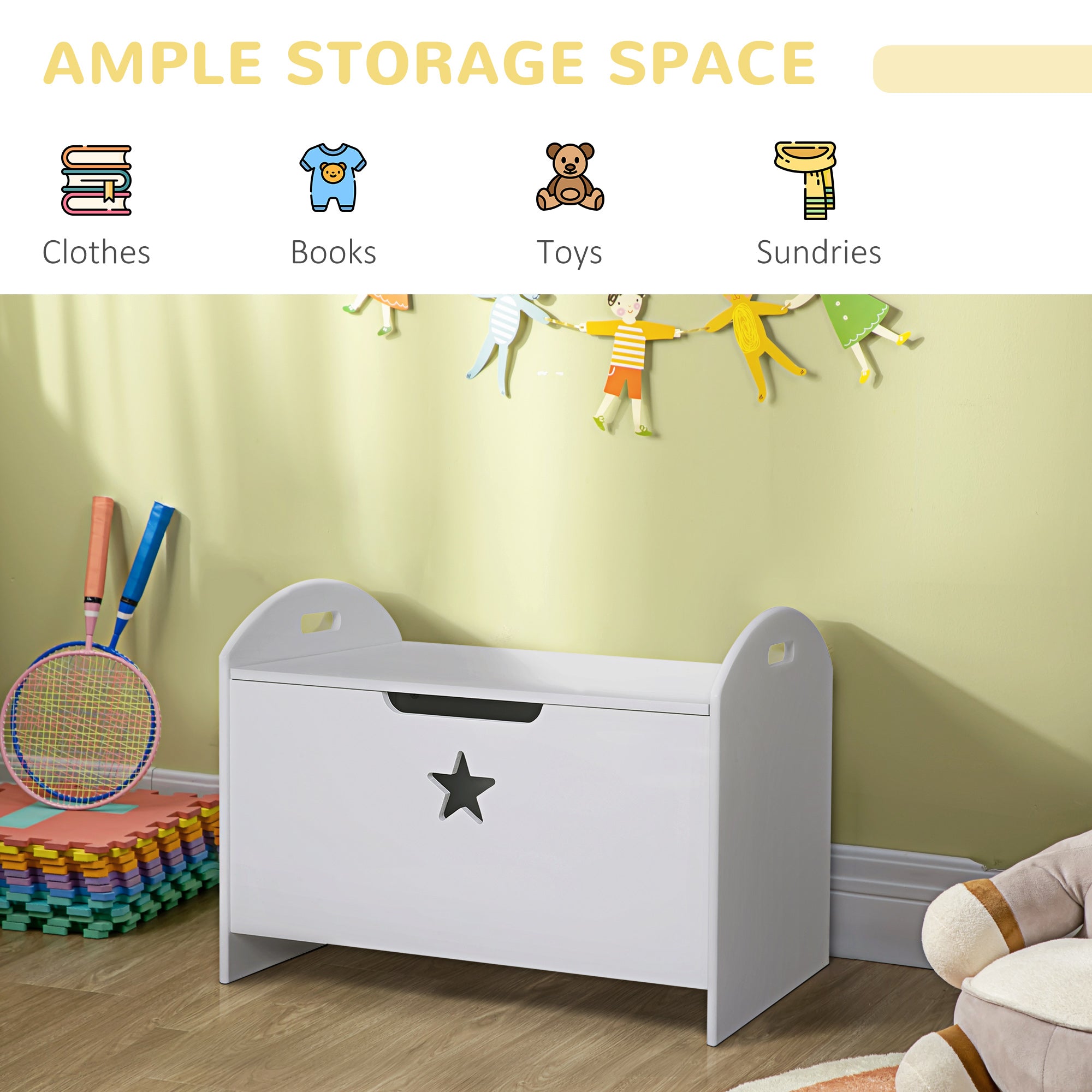 HOMCOM Kids Wooden Toy Box Organizer Children's Toy Storage with Lid Safety Hinge Side Handle Playroom Furniture White - North Peak Garden Furniture