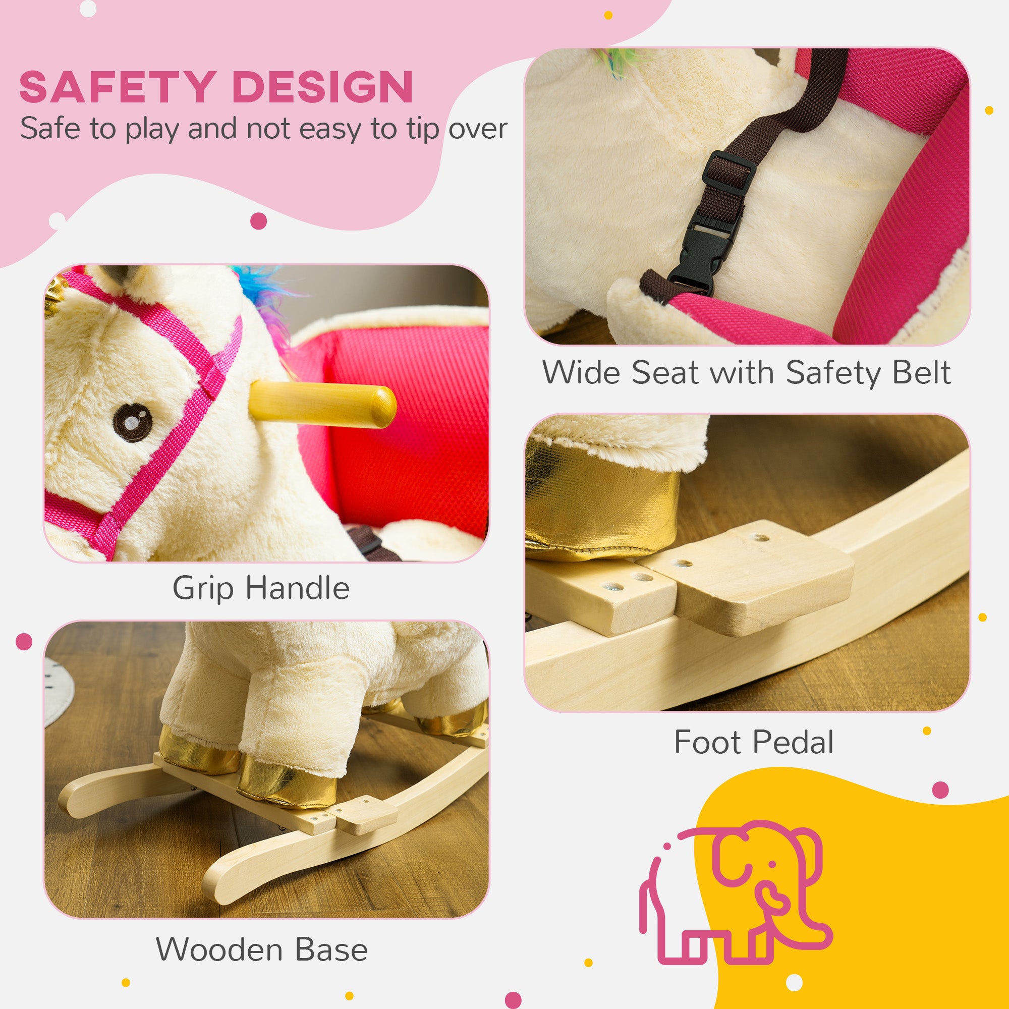 AIYAPLAY Kids Rocking Horse with Realistic Sounds, Safety Belt, Wooden Base, for Ages 18-36 Months, Cream White - North Peak Garden Furniture