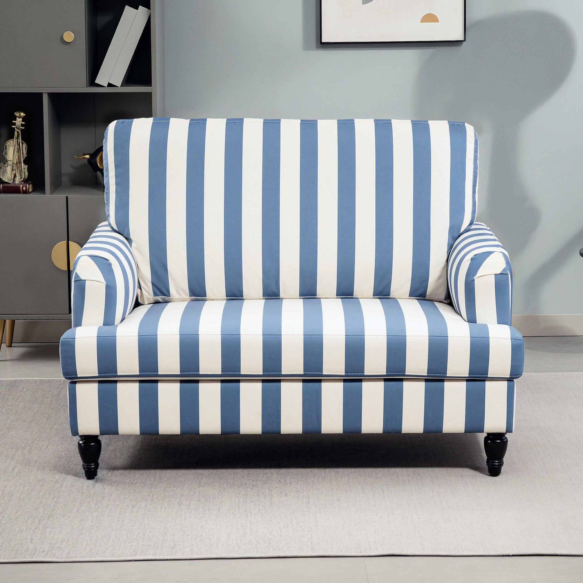 HOMCOM Modern Accent Chair, Velvet Single Sofa Armchair with Stripe, Turned Legs and Wide Seat, Upholstered Snuggle Chair for Living Room, Bedroom, Blue and White - North Peak Garden Furniture