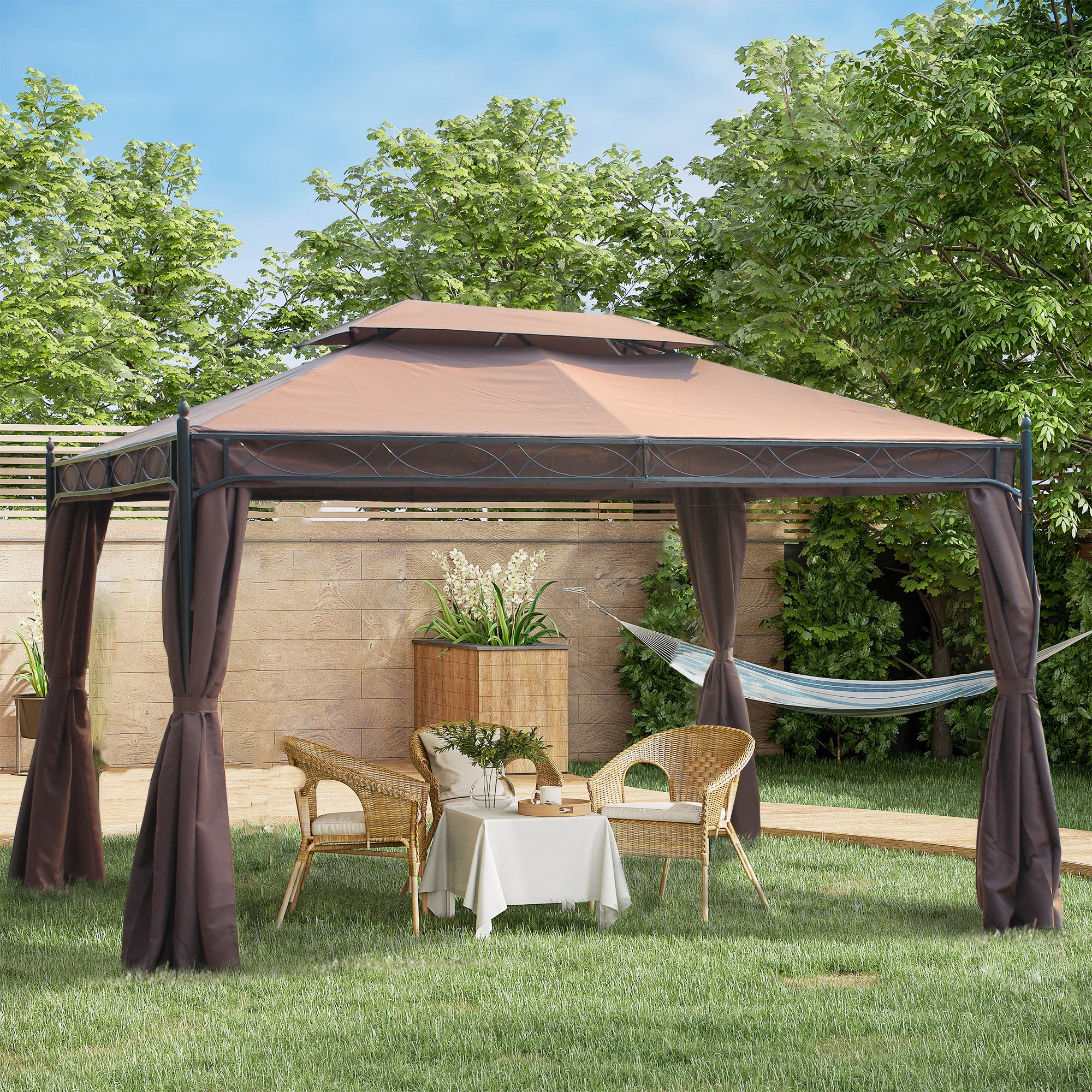 Outsunny 3 x 4m Garden Gazebo, Double Roof Marquee Canopy Shelter with Sidewalls, Solid Steel Frame for Garden, Lawn, Backyard and Deck - North Peak Garden Furniture