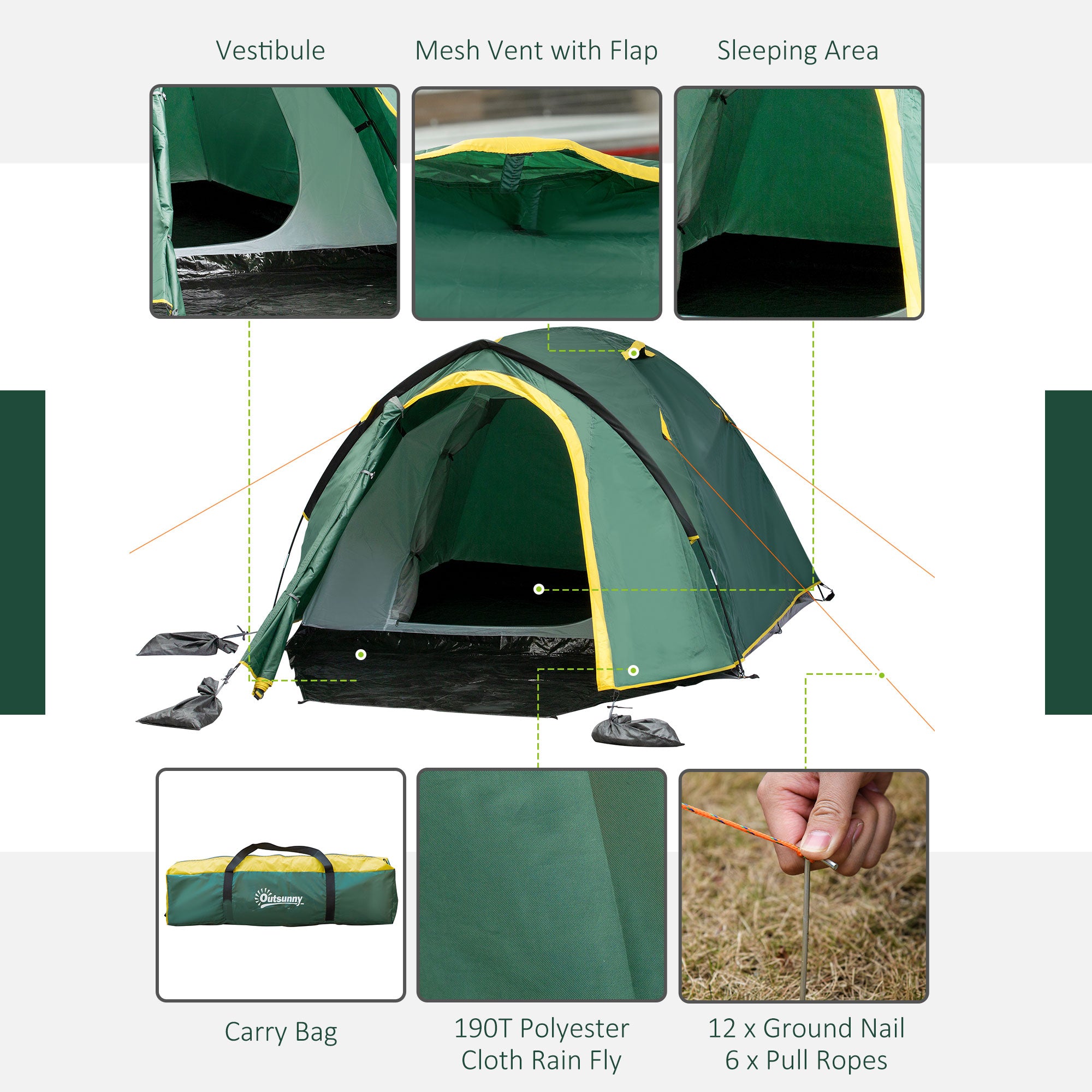 Outsunny Dome Tent for 2 Person Camping Tent with Large Windows, Waterproof Green and Yellow - North Peak Garden Furniture