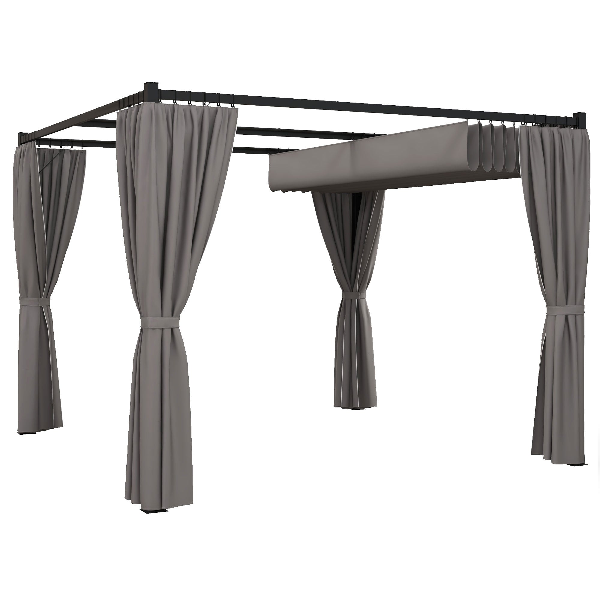 Outsunny 3 x 3m Moving Canopy Metal Pergola, with Curtains - Grey - North Peak Garden Furniture