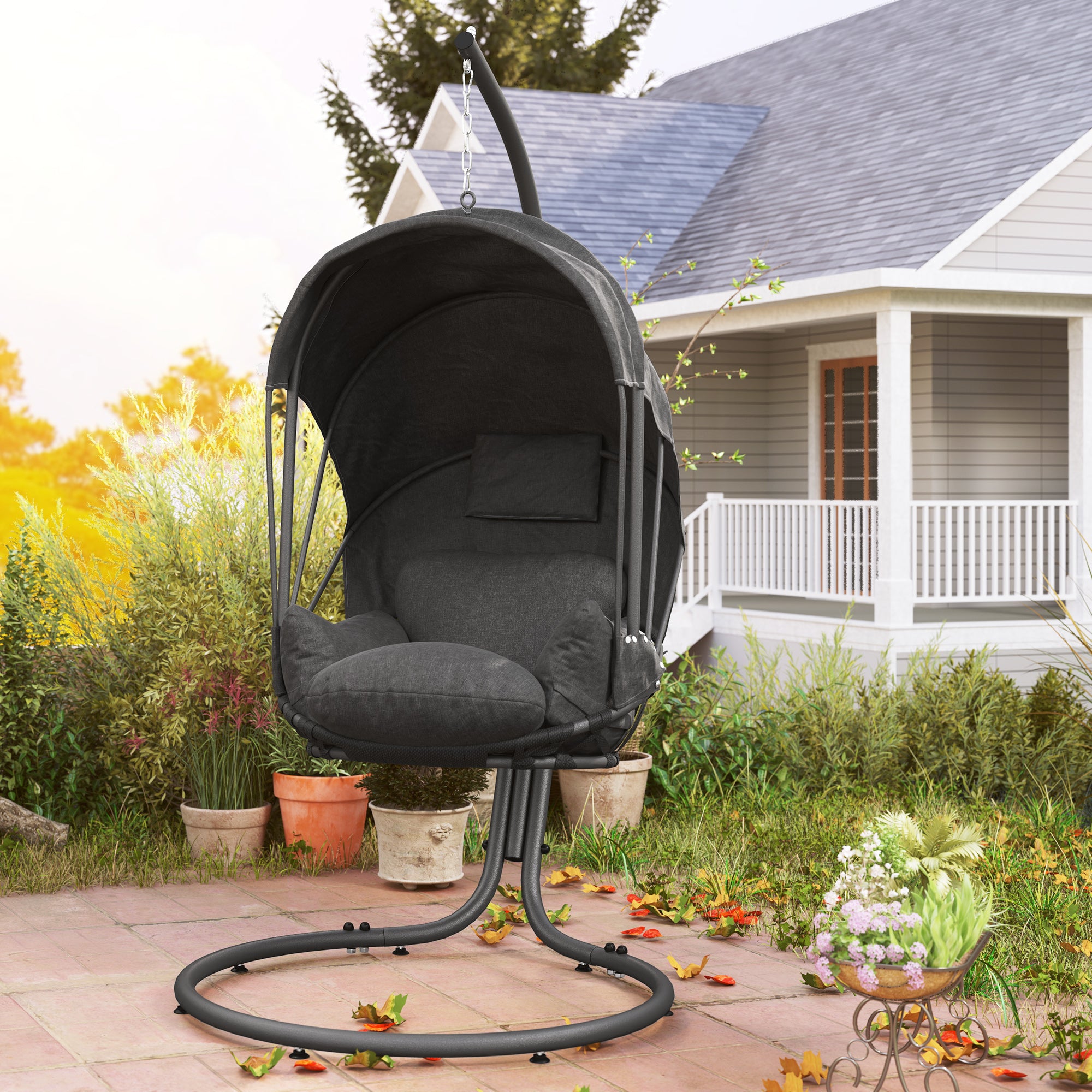 Outsunny Hanging Egg Chair Swing Hammock Chair with Stand, Cushion and Retractable Canopy, for Indoor and Outdoor, Grey - North Peak Garden Furniture