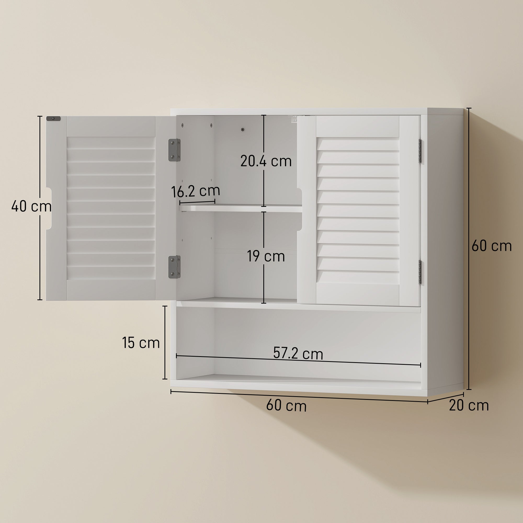 HOMCOM Bathroom Cabinet, Wall Mounted Storage Cabinet with Adjustable Shelves, 60 x 20 x 60 cm, White