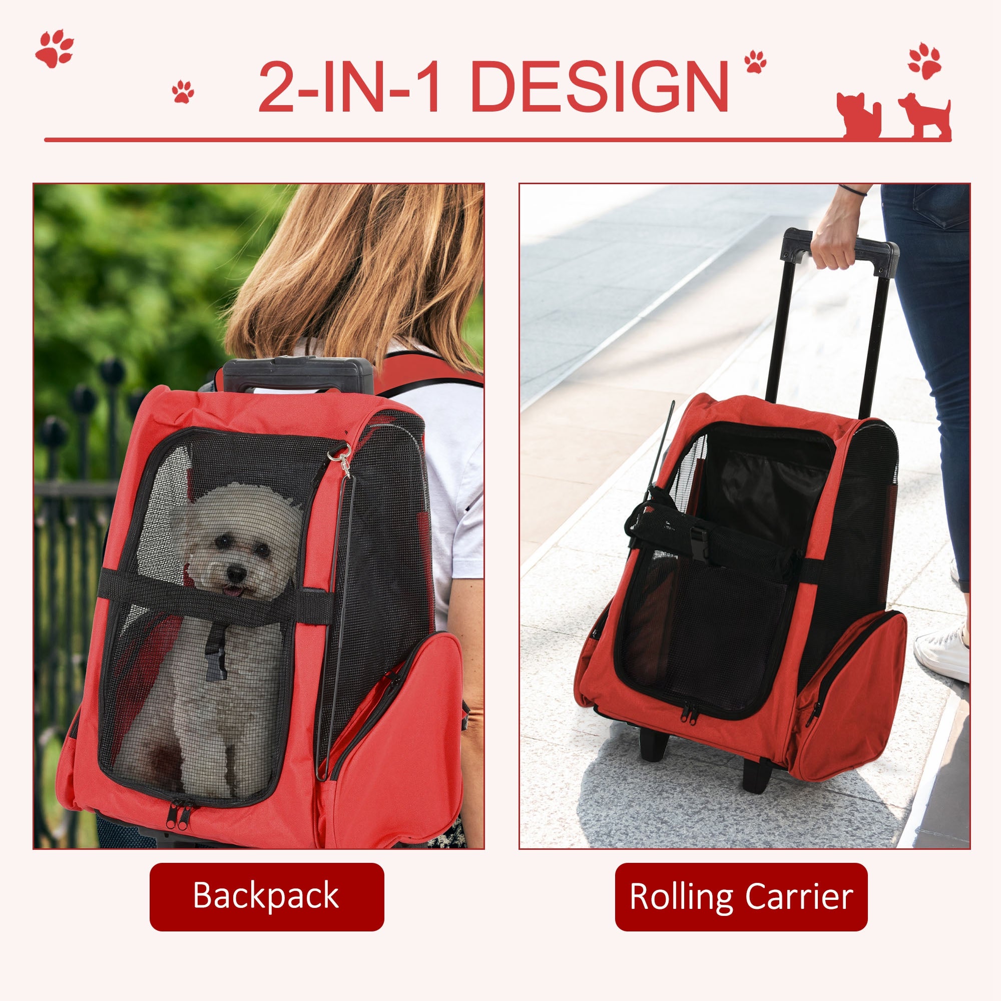 PawHut Pet Travel Backpack Bag Cat Puppy Dog Carrier w/ Trolley and Telescopic Handle Portable Stroller Wheel Luggage Bag (Red) - North Peak Garden Furniture