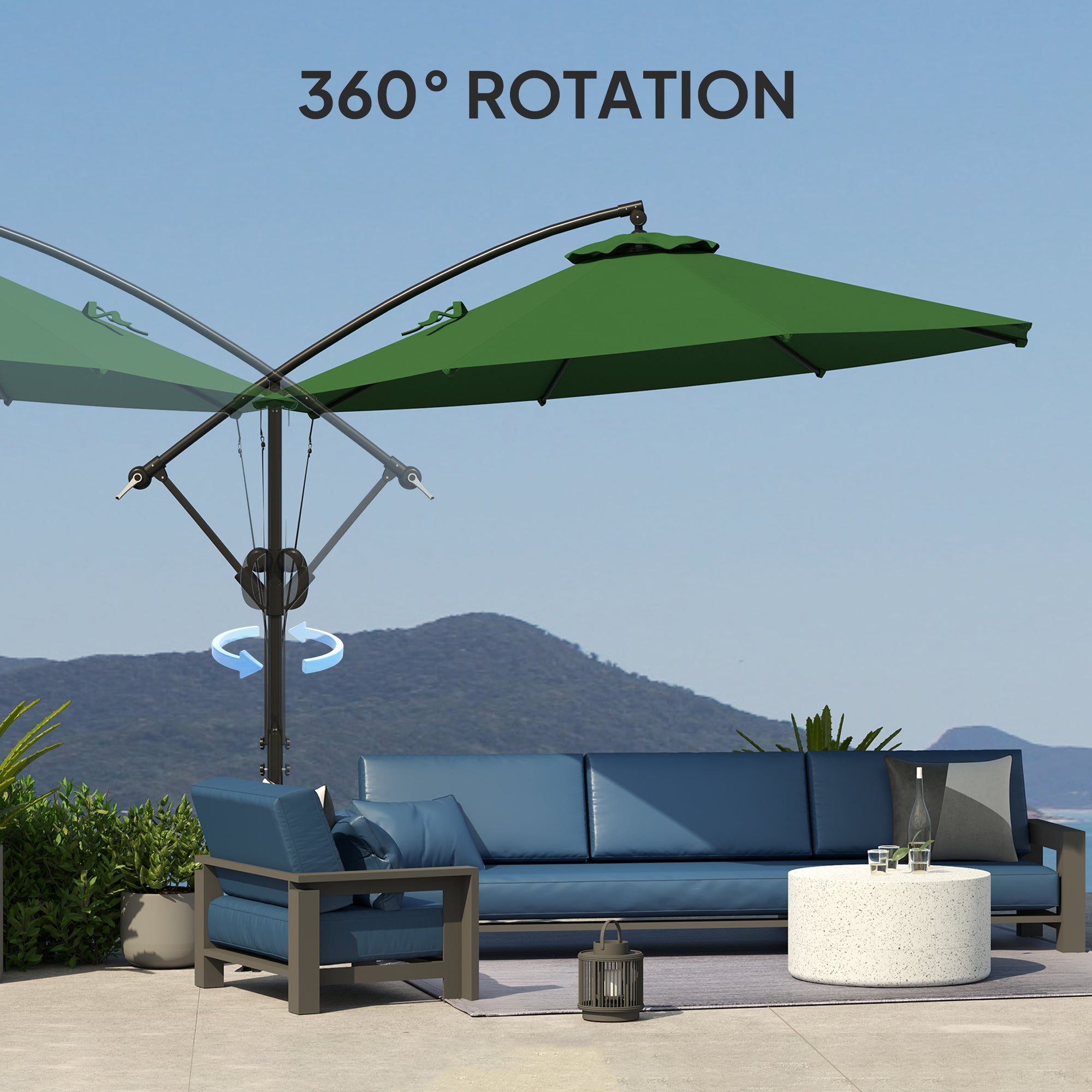 Outsunny 3(m) Garden Cantilever Parasol with Cover and Wind Protection Strap, Round Overhanging Umbrella with Crank Handle and Tilt, Banana Patio Umbrella for Outdoor Sun Shade, UPF50+, Green - North Peak Garden Furniture