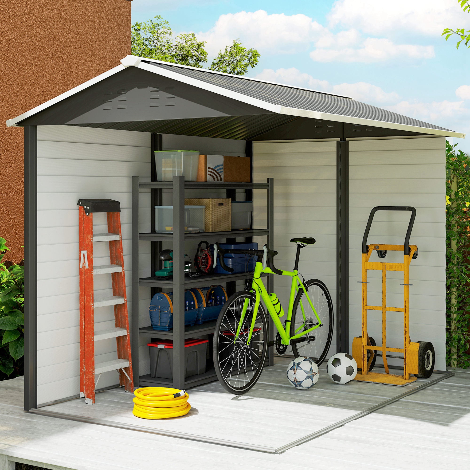 Outsunny 9x 6FT Metal Outdoor Garden Shed, Galvanised Tool Storage Shed w/ Sloped Roof, Lockable Door for Patio Lawn, Dark Grey