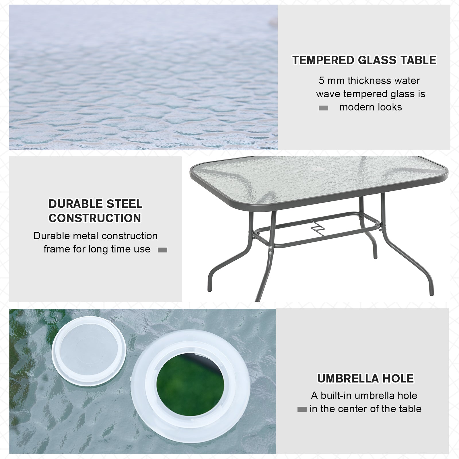 Outsunny Garden Dining Table Glass Top Metal Frame with Parasol Hole Outdoor Balcony Grey 120L x 80Wcm - North Peak Garden Furniture