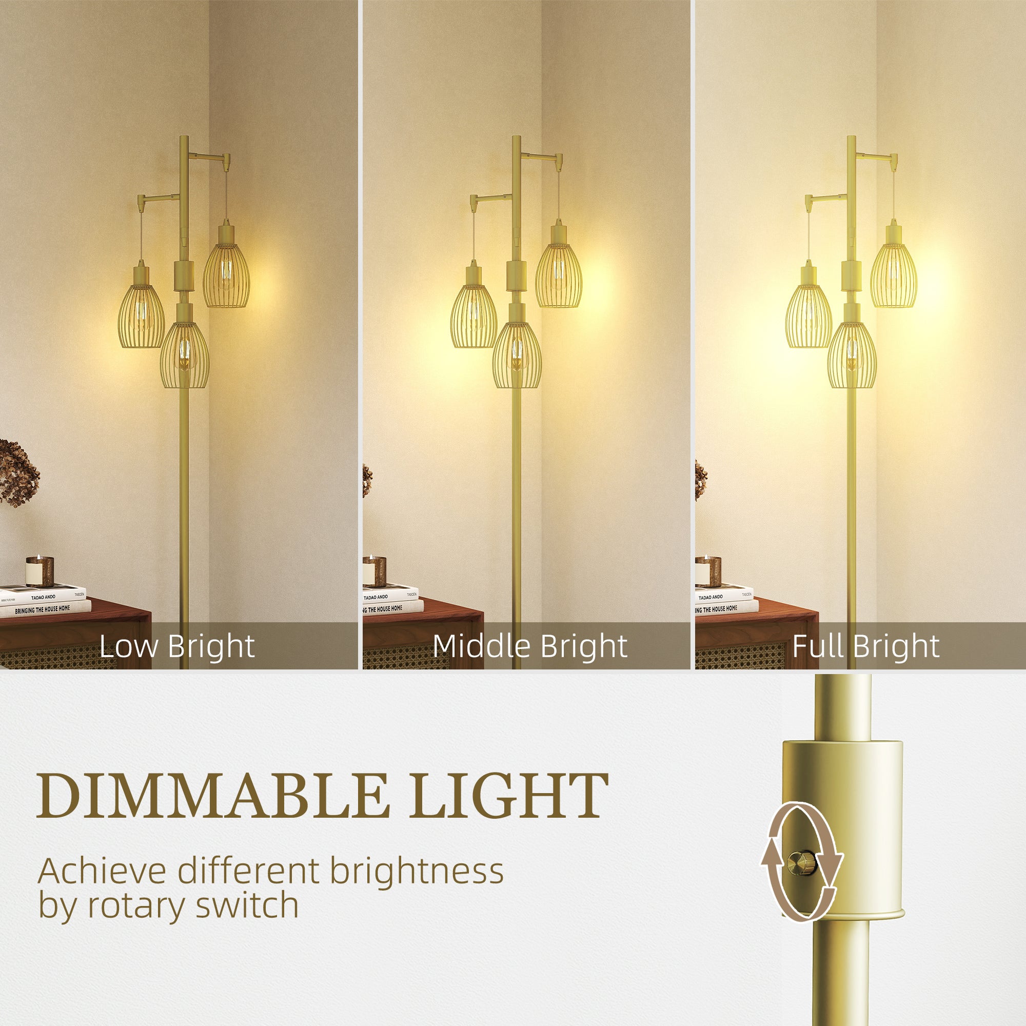 HOMCOM 170cm Industrial 3-Light Floor Lamp, Dimmable Standing Lamp with Steel Lampshades for Living Room, Bedroom, Dinging Room, Study, Gold Tone - North Peak Garden Furniture