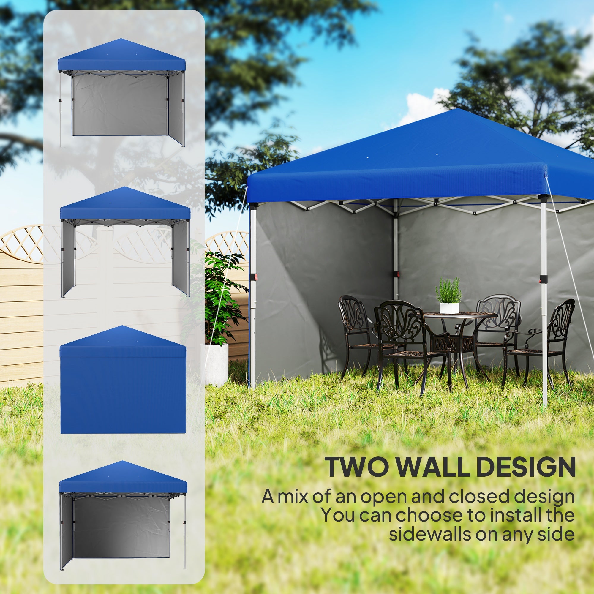 Outsunny 3 x 3 (M) Pop Up Gazebo, UPF 30+ with 2 Sidewalls, Leg Weight Bags and Wheeled Bag, Height Adjustable Party Tent Event Shelter for Garden, Patio, Blue - North Peak Garden Furniture