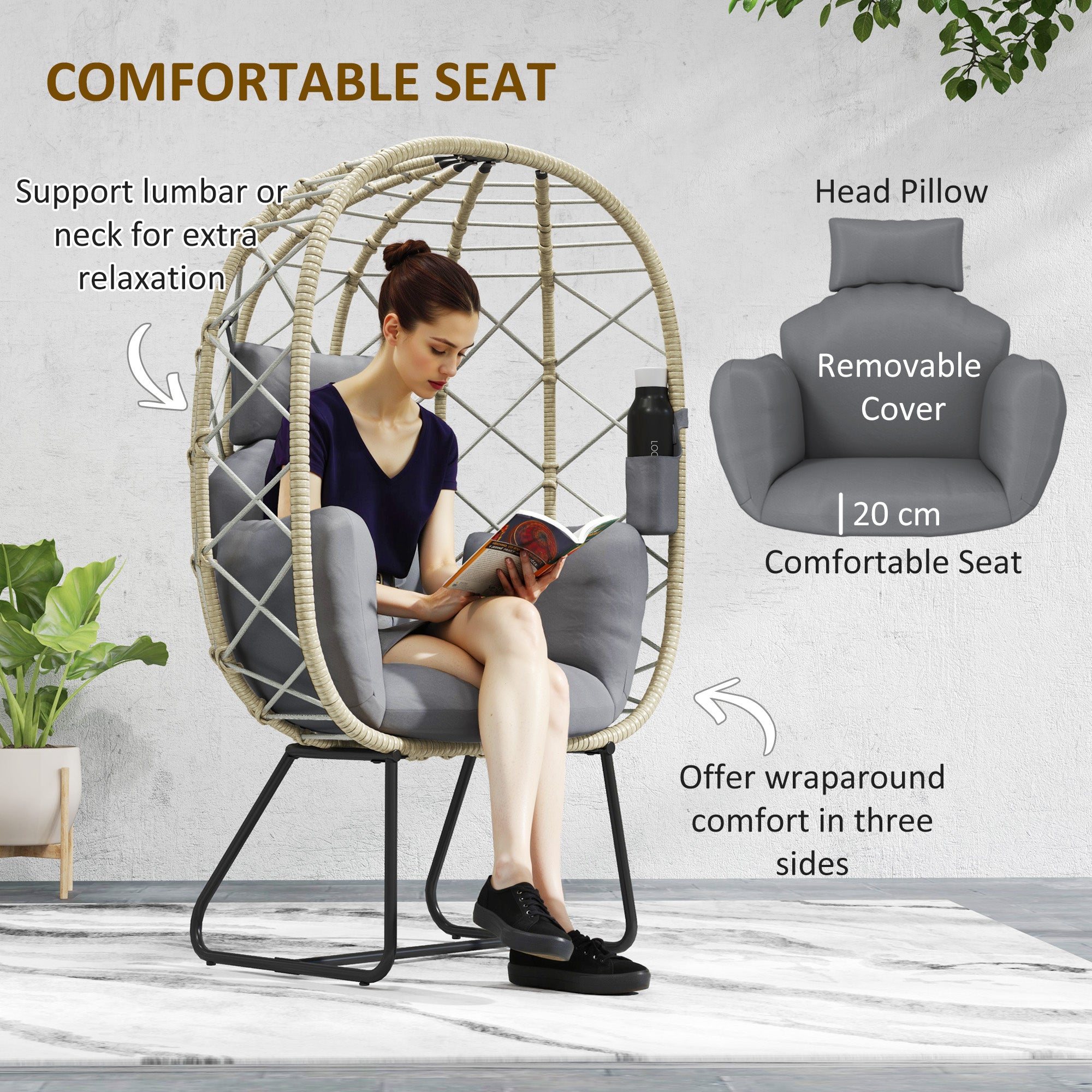 Outsunny Rattan Egg Chair Outdoor Indoor Wicker Chair with Thickened Cushion and Headrest, Standing Garden Egg Chair with Cup Holder, Metal Frame for Patio, Balcony, Grey - North Peak Garden Furniture