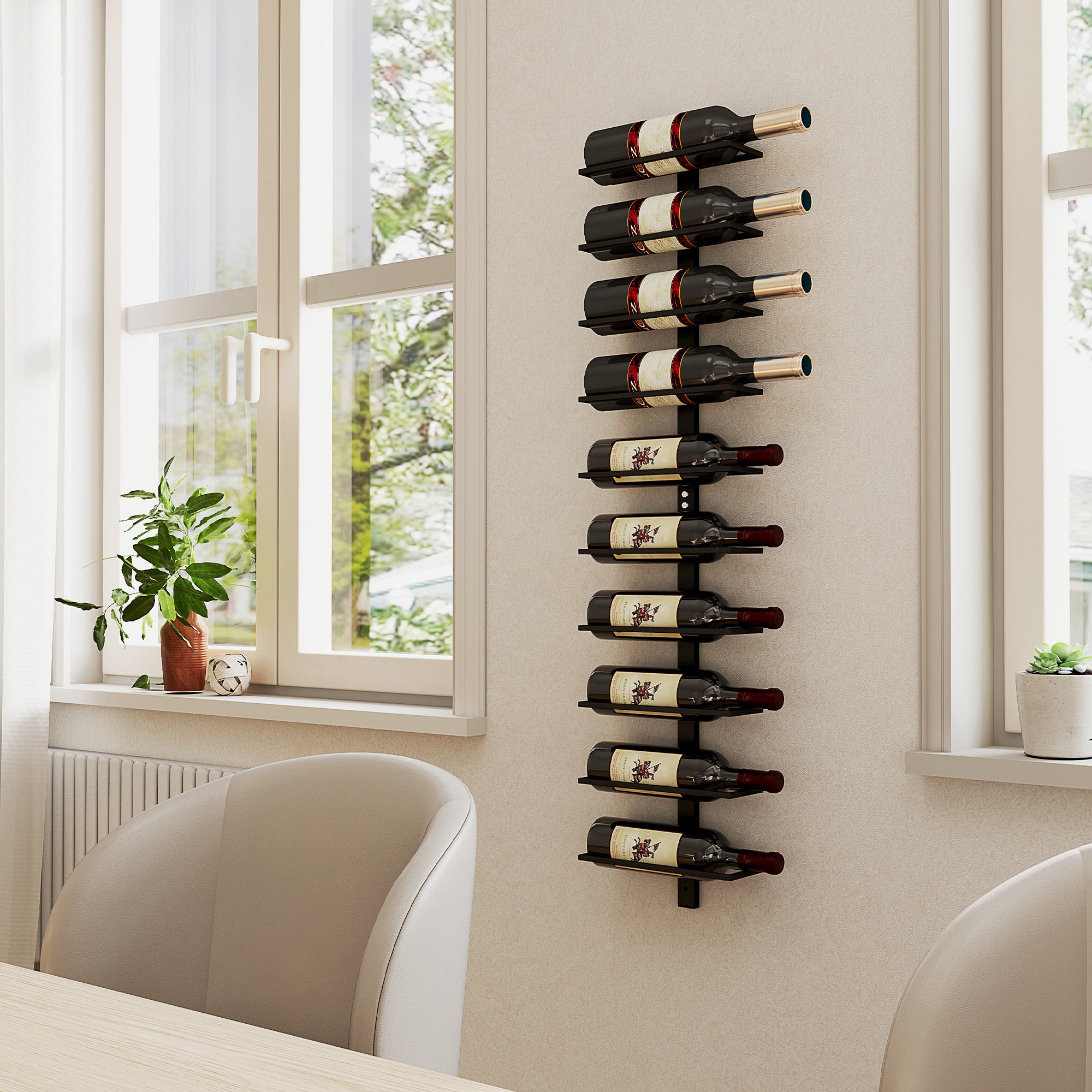HOMCOM 10-Tier Wall Mount Wine Rack, Steel Wall Wine Rack for 10 Wine Bottles, Wall Wine Display Rack for Kitchen, Dining Room, Home Bar, Black - North Peak Garden Furniture