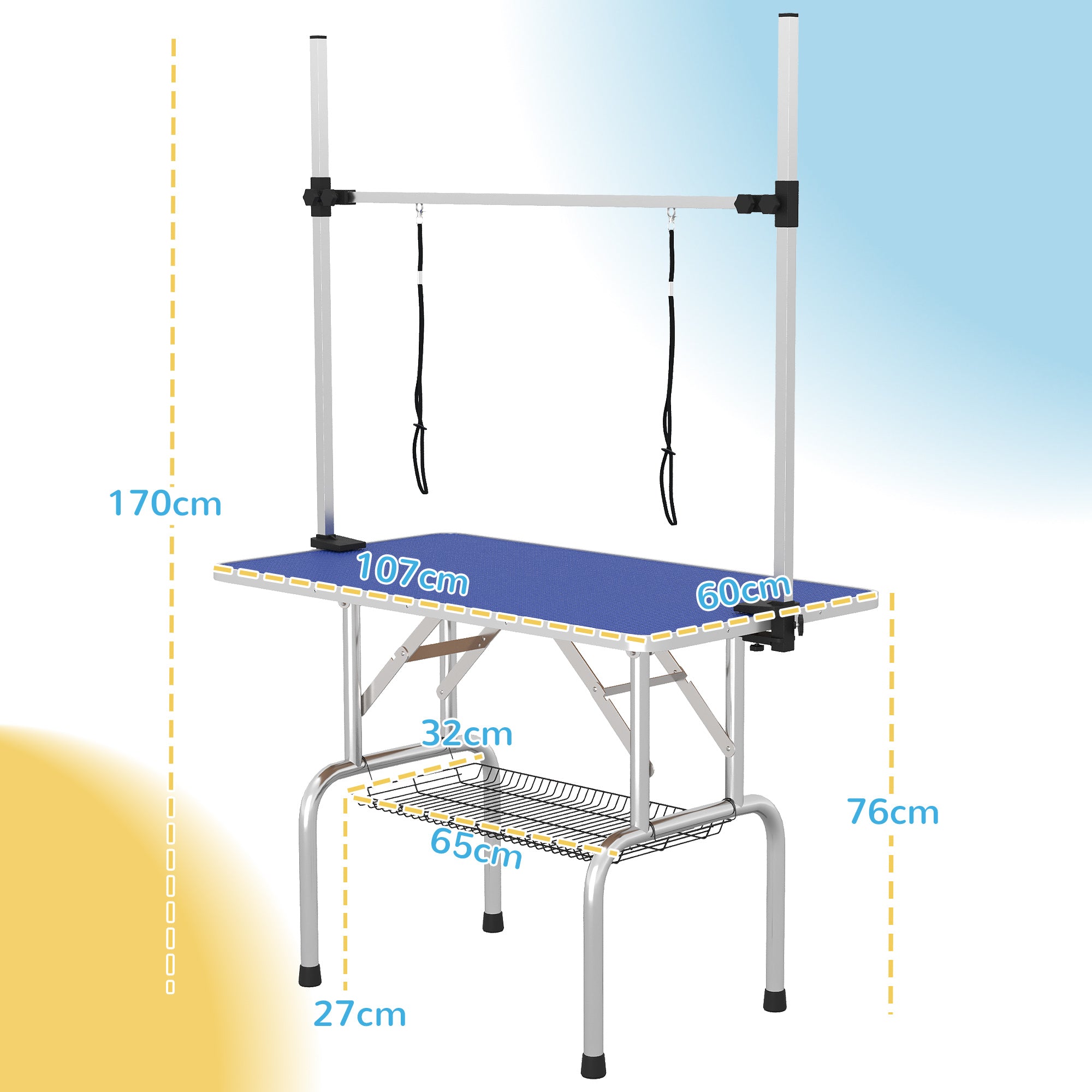 PawHut 42" Dog Grooming Table Adjustable Pet Cat Drying Beauty Table Rubber Top with 2 Loops Storage Basket Metal Blue