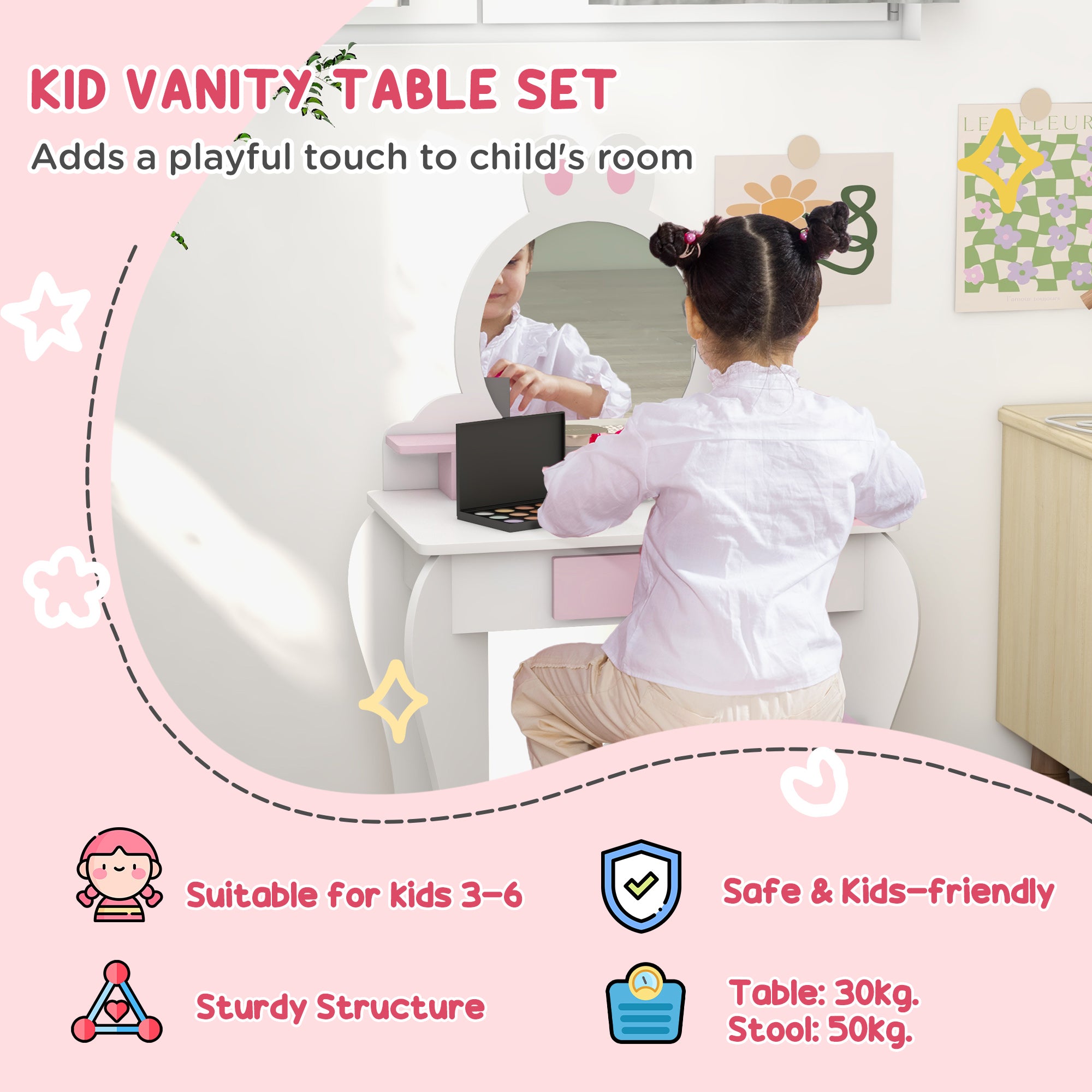 ZONEKIZ Bunny-Design Kids Dressing Table, with Mirror and Stool - White and Pink - North Peak Garden Furniture