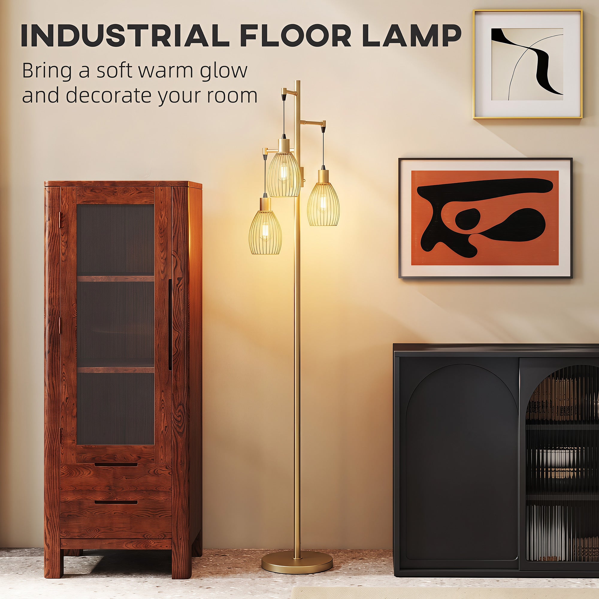 HOMCOM 170.5cm Industrial Dimmable Standing Lamp, 3-Light Floor Lamp with Steel Wire Cage Lampshades, Gold Tone