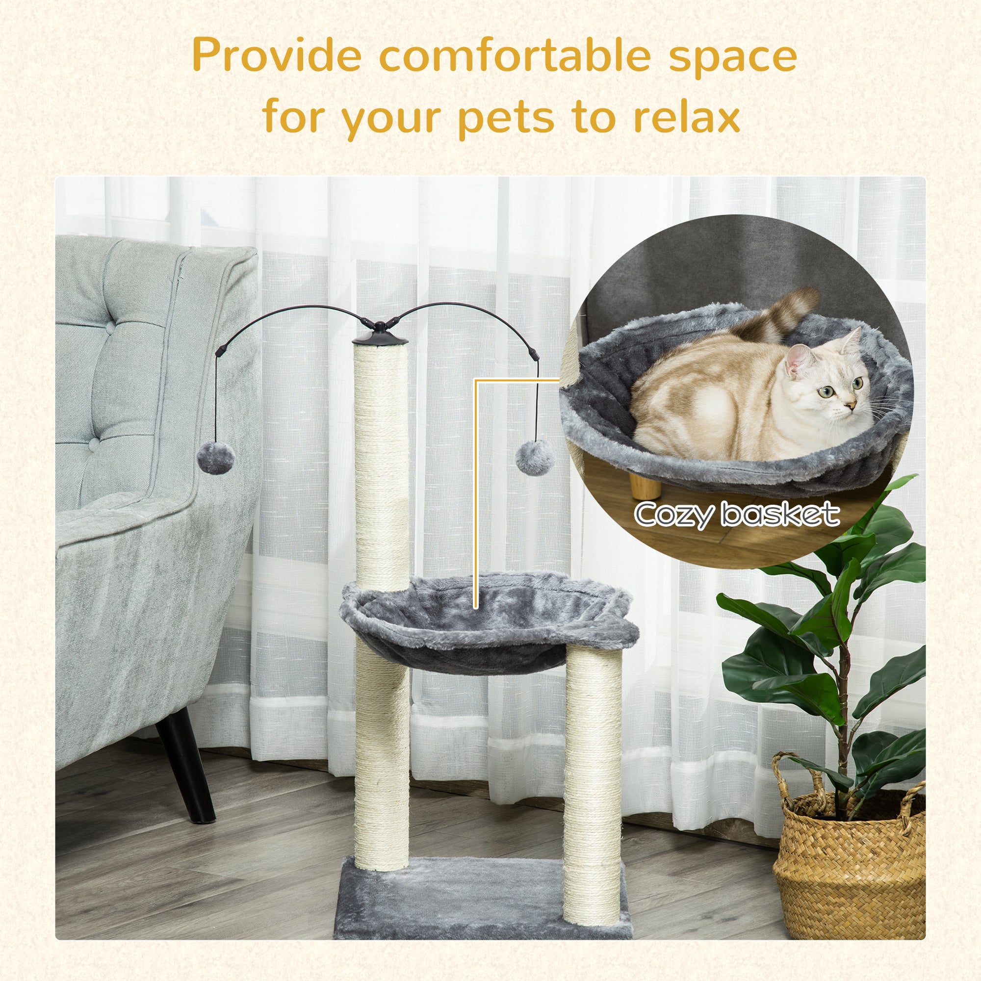 PawHut 83cm Cat Tree Tower for Indoor Cats w/ Sisal Scratching Post Hammock Hanging Toy Activity Centre - Grey - North Peak Garden Furniture