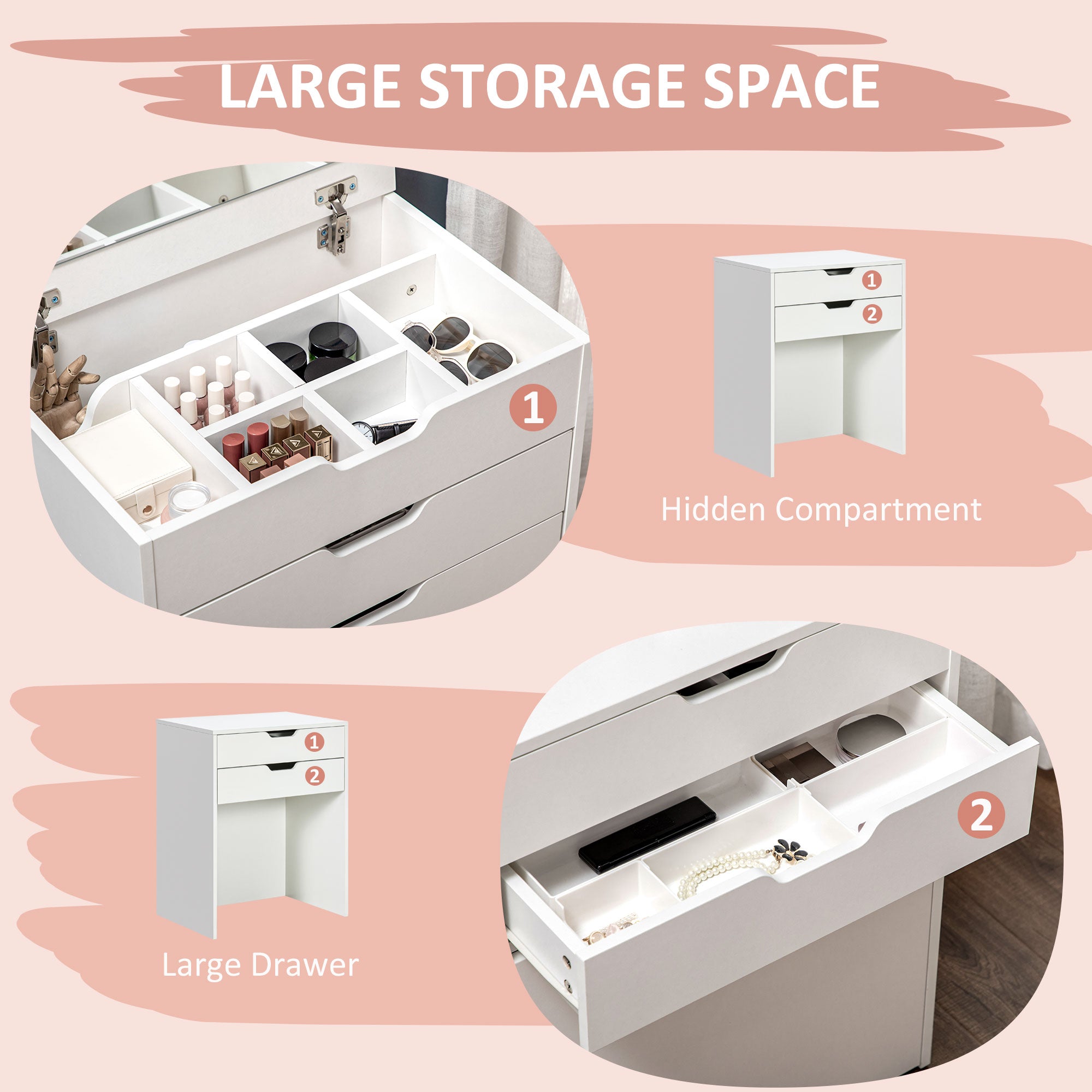 HOMCOM Dressing Table with Flip-up Mirror and Storage Stool, Vanity Table with Drawer and Hidden Compartments for Bedroom, Living Room, White - North Peak Garden Furniture