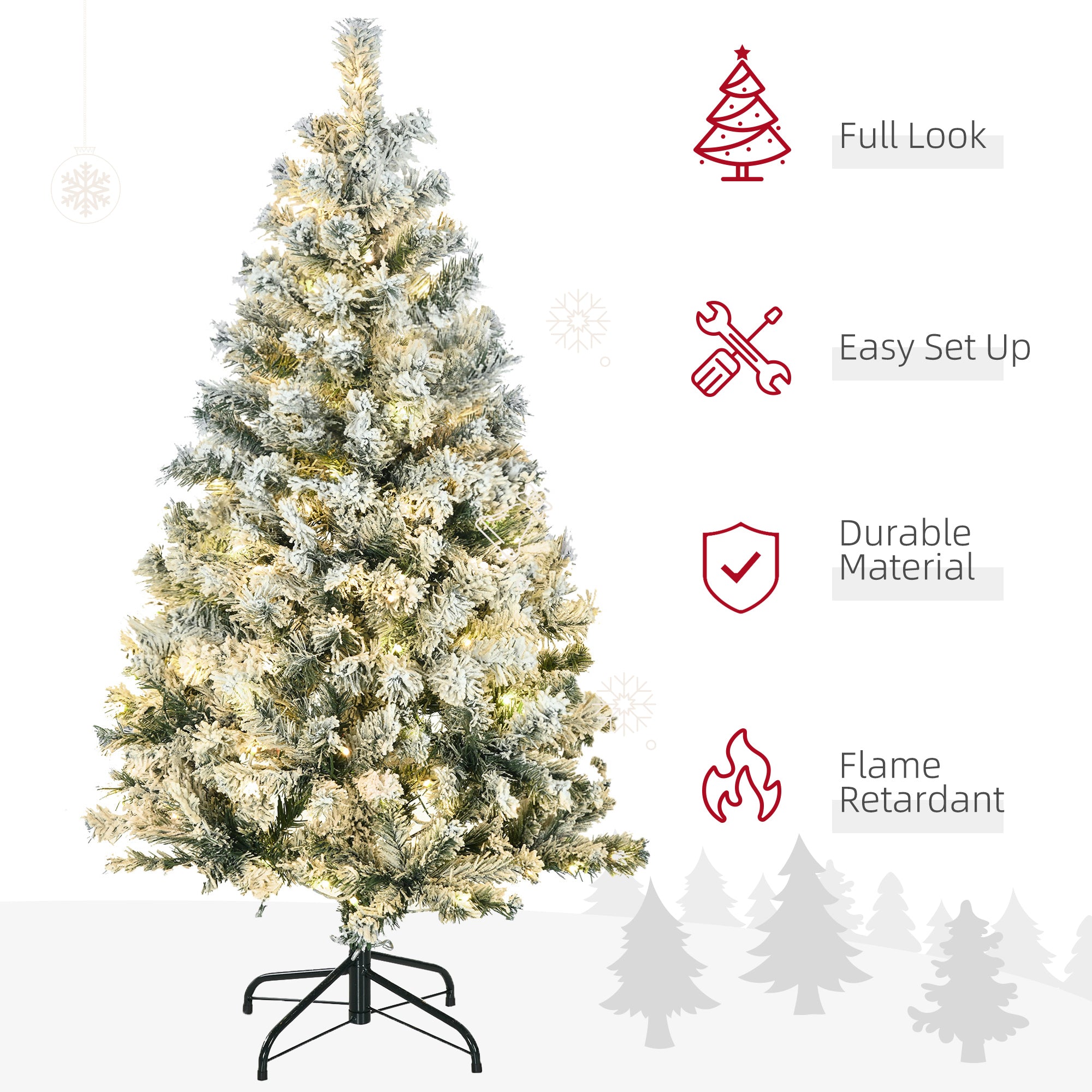 HOMCOM 4.5' Artificial Snow Christmas Trees with Frosted Branches, Warm White or Colourful LED Lights, Steel Base - North Peak Garden Furniture