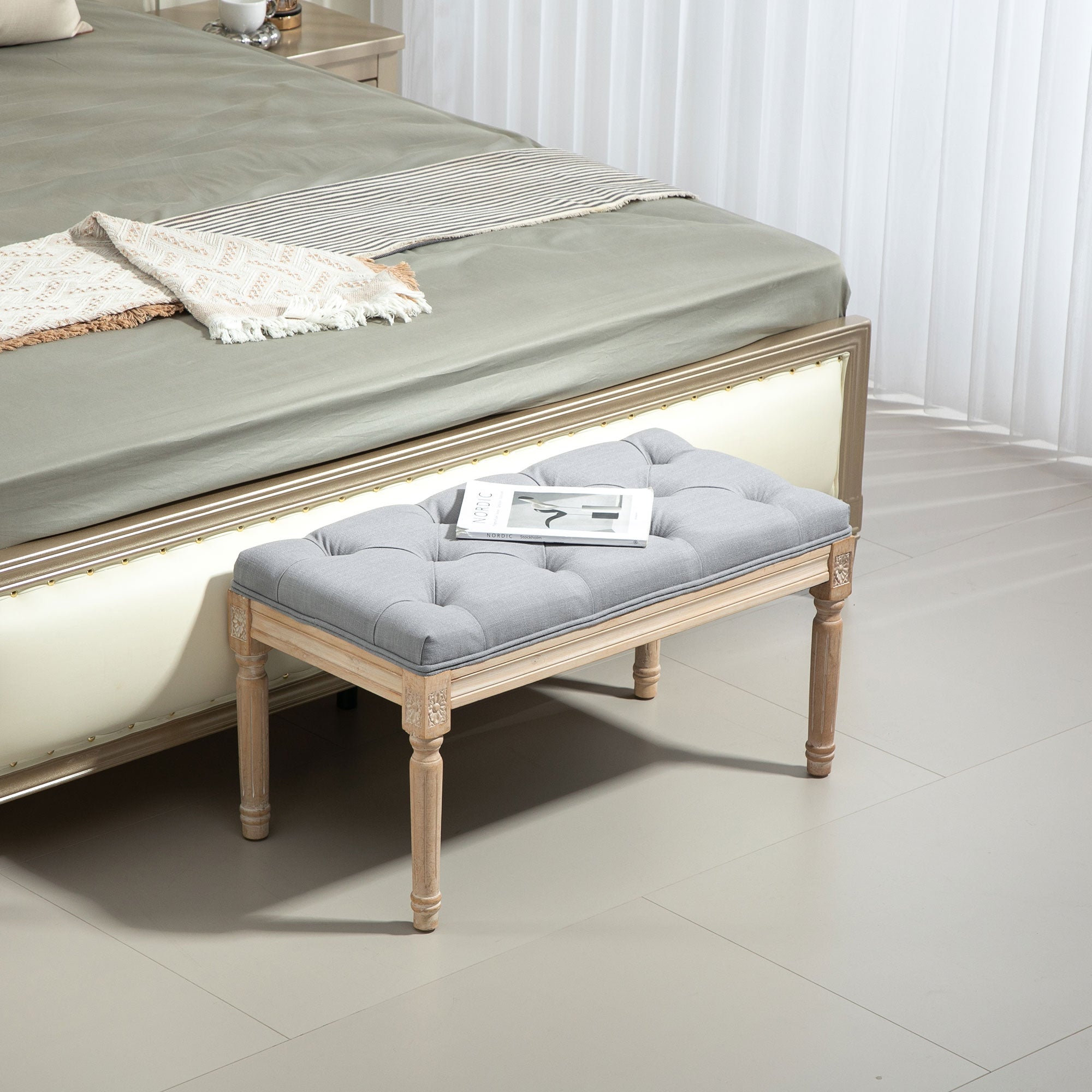 HOMCOM Vintage Wooden Bed End Bench - Light Grey - North Peak Garden Furniture