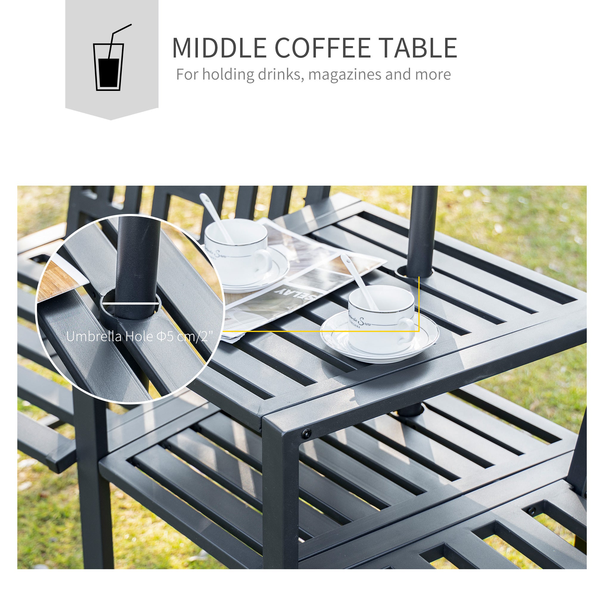 Outsunny 2 Seat Garden Chair Bench Loveseats Jack and Jill Seat w/Coffee Table Slatted Design Patio Yard - North Peak Garden Furniture