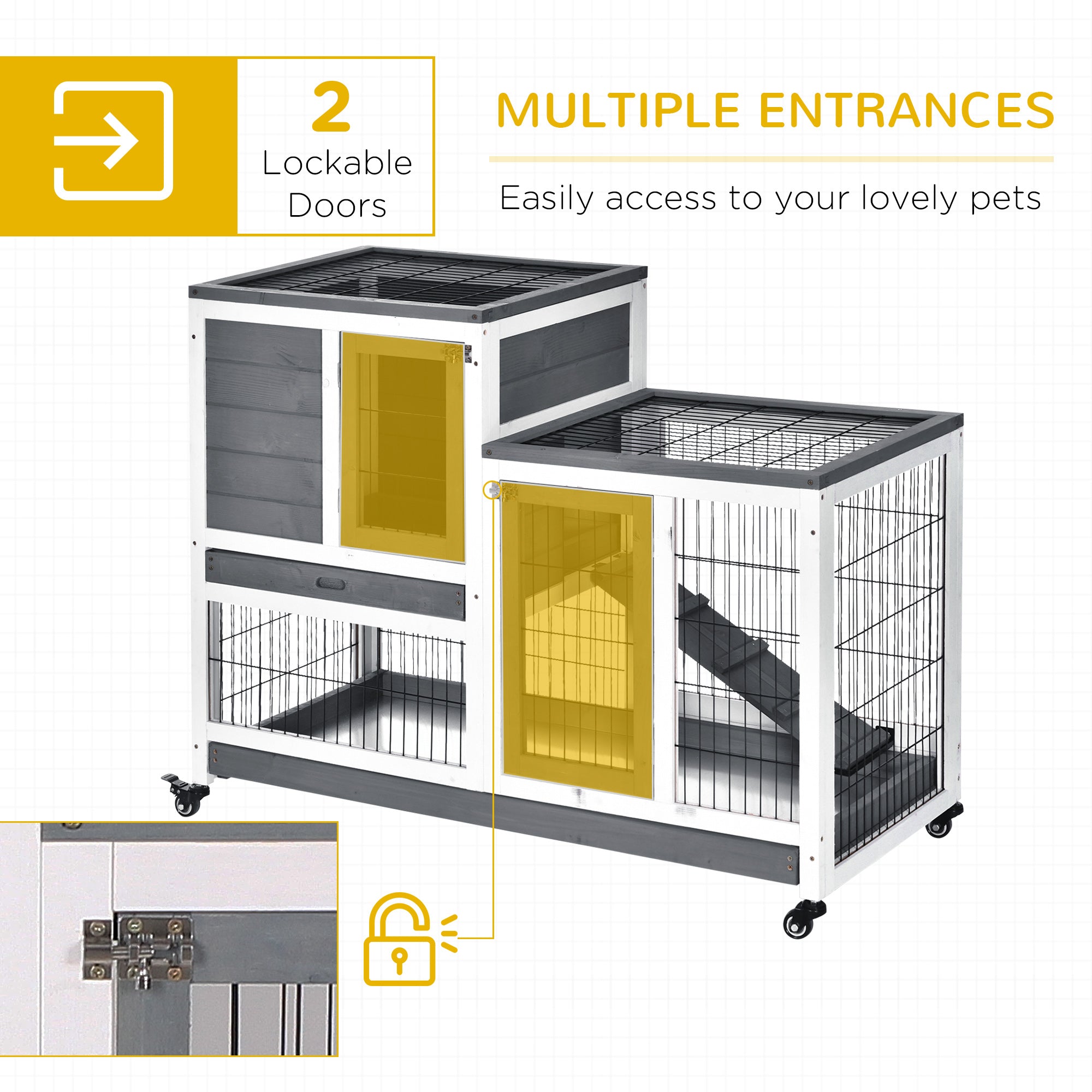 PawHut Wooden Indoor Rabbit Hutch Guinea Pig House Bunny Small Animal Cage W/ Wheels Enclosed Run 110 x 50 x 88 cm, Grey - North Peak Garden Furniture