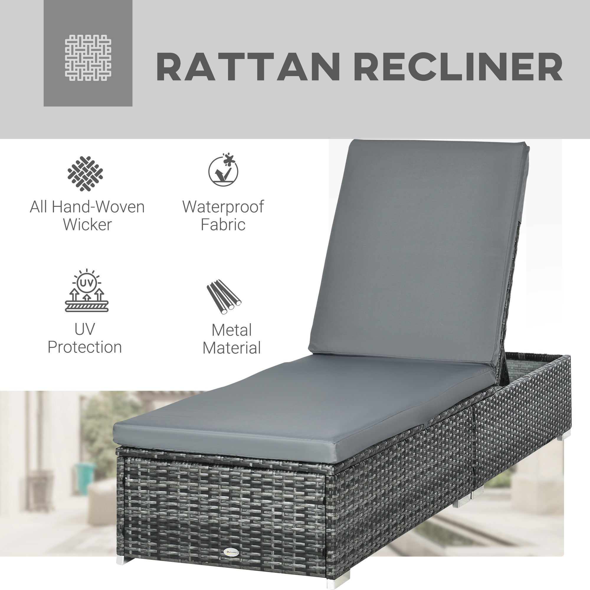 Outsunny PE Rattan Sun Lounger, Five-level Adjustable Recliner Bed Chair with Soft Padded Cushion for Patio, Garden, Mixed Grey - North Peak Garden Furniture