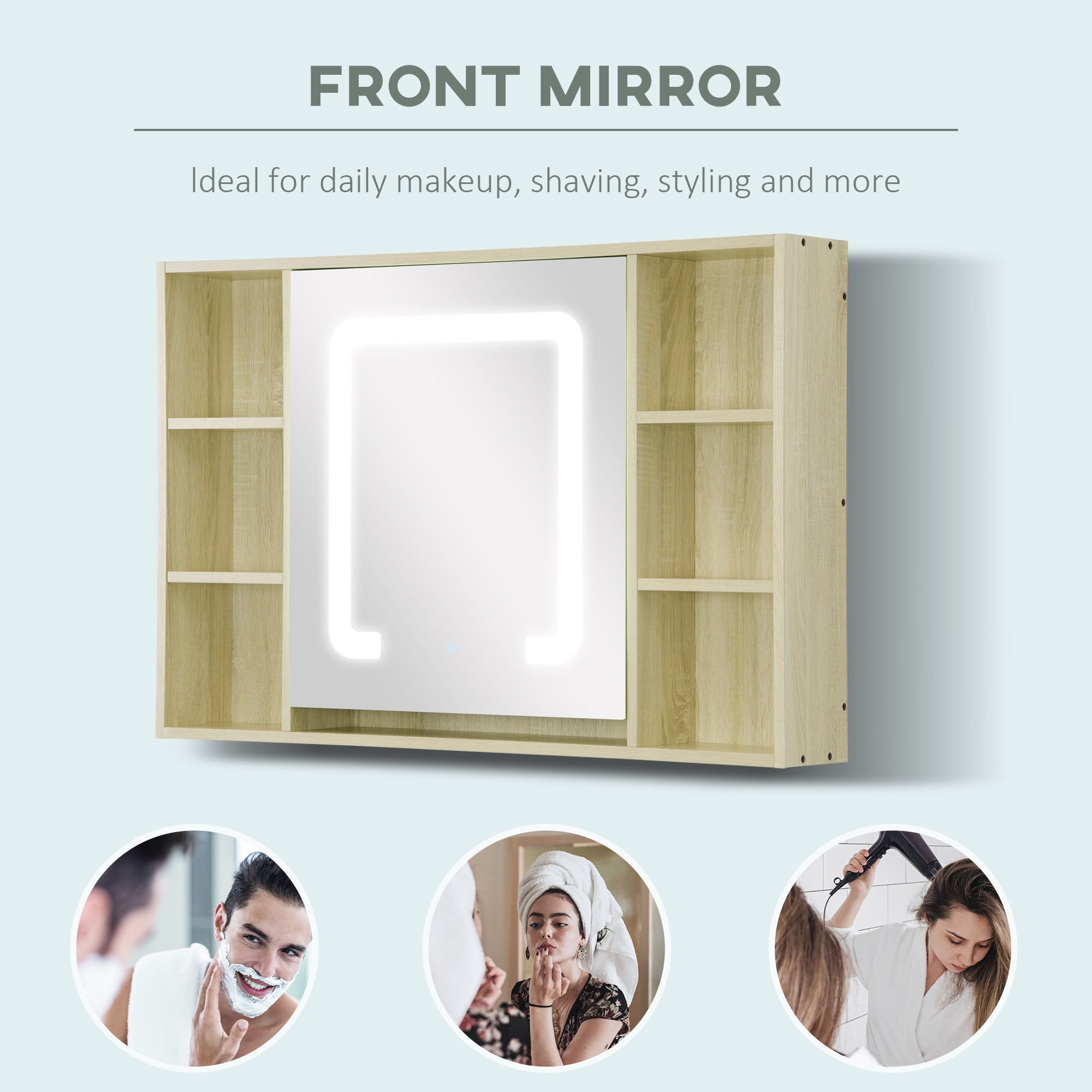 kleankin LED Bathroom Mirror Cabinet, Wall Mounted Dimmable Brightness Medicine Cabinet with Adjustable Shelf and Mirrored Door, Memory Function, USB Charge, Natural