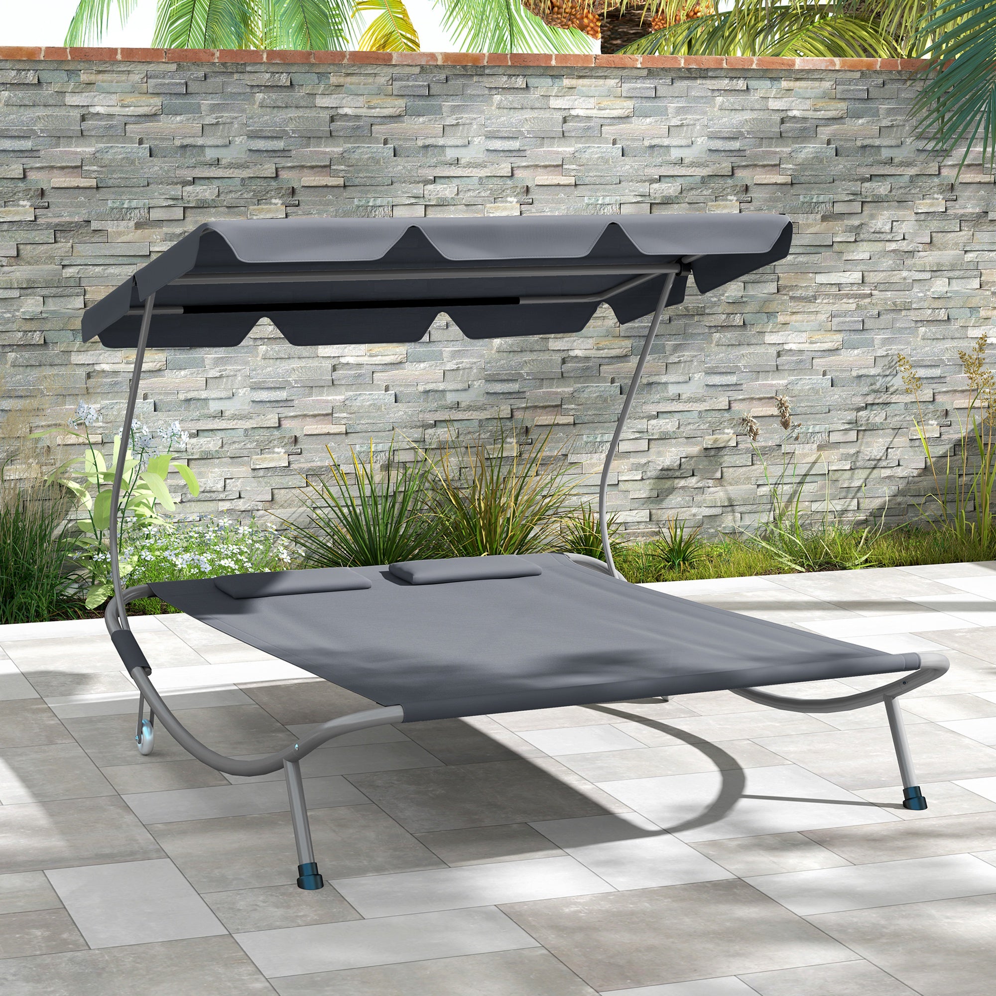 Outsunny Double Outdoor Bed, with Canopy - Light Grey - North Peak Garden Furniture