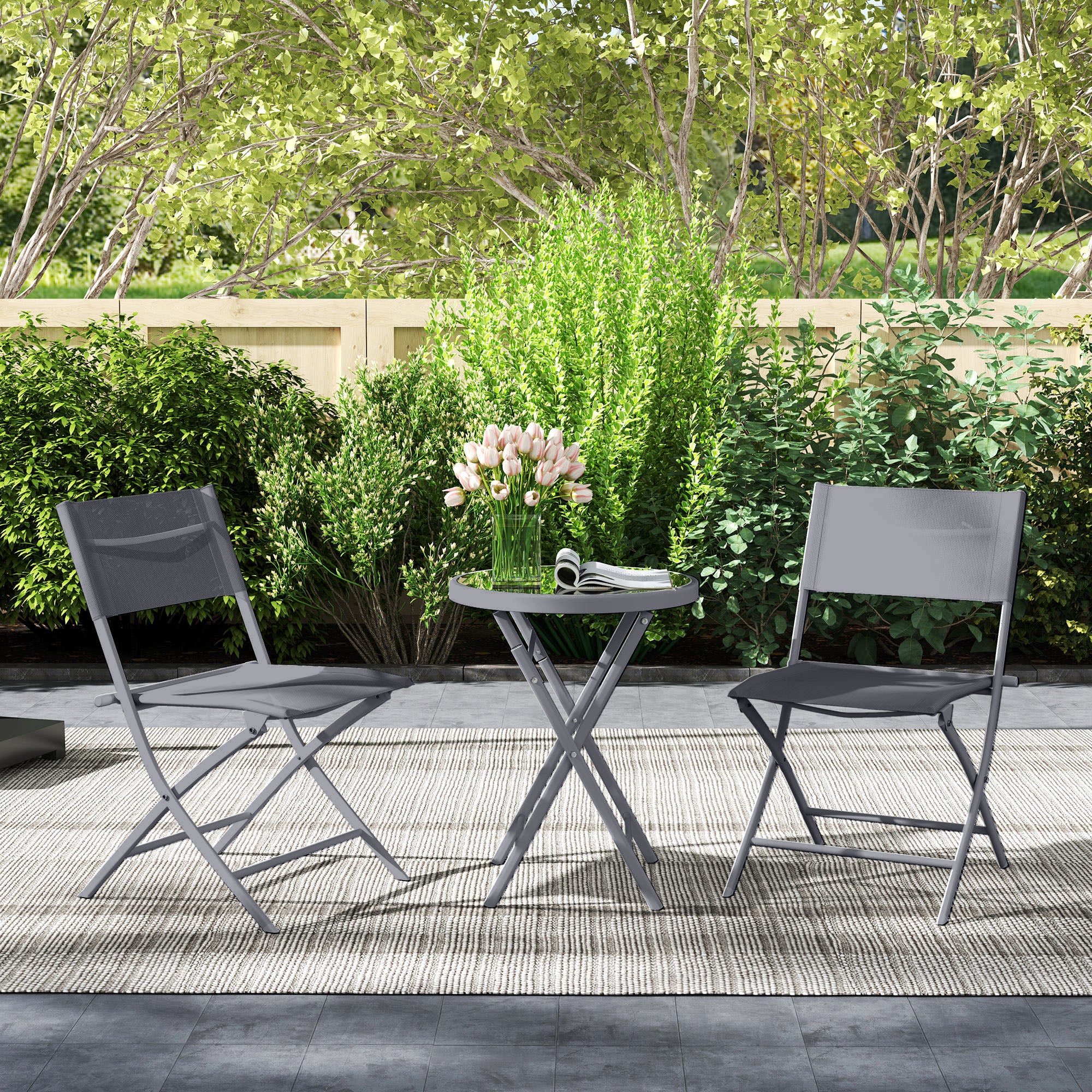 Outsunny 3 Pieces Outdoor Bistro Set, Glass Top Outdoor Table and 2 Folding Chairs with Protecting Feet, Grey - North Peak Garden Furniture