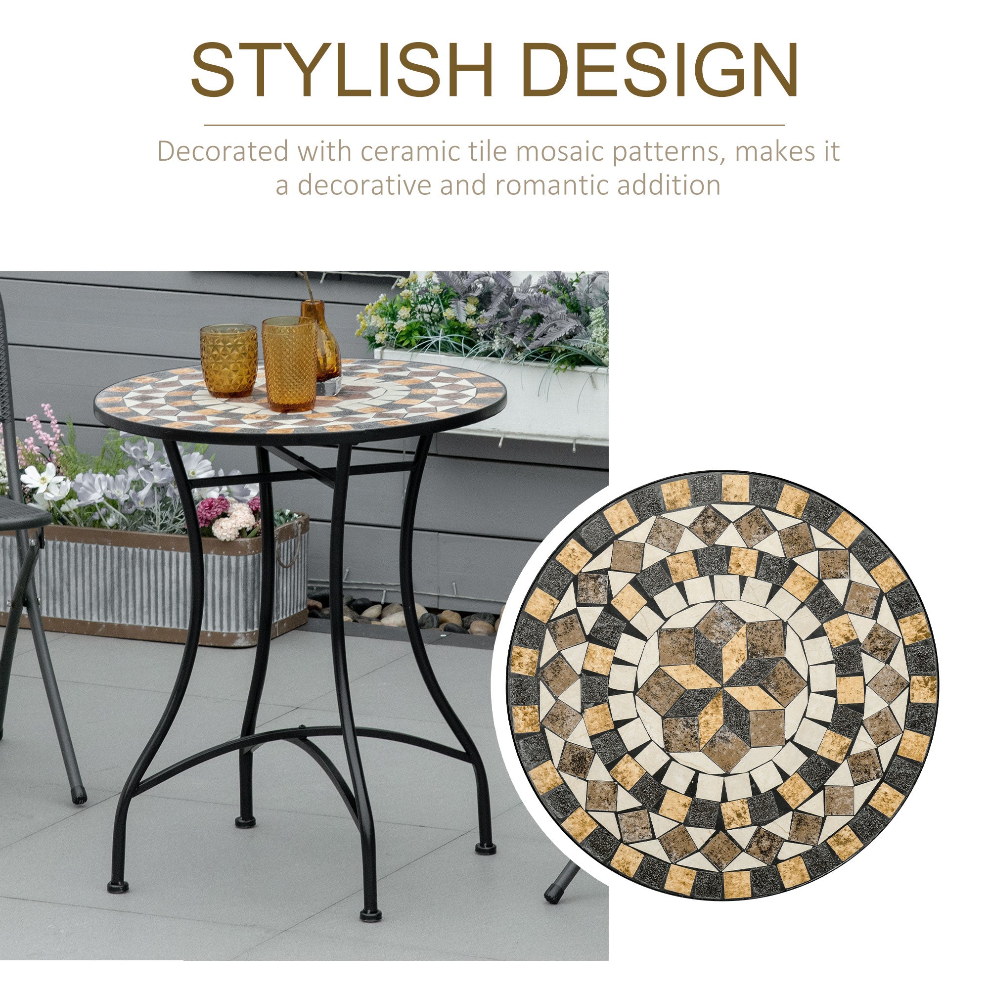 Outsunny Φ60cm Mosaic Outdoor Patio Table - Grey - North Peak Garden Furniture