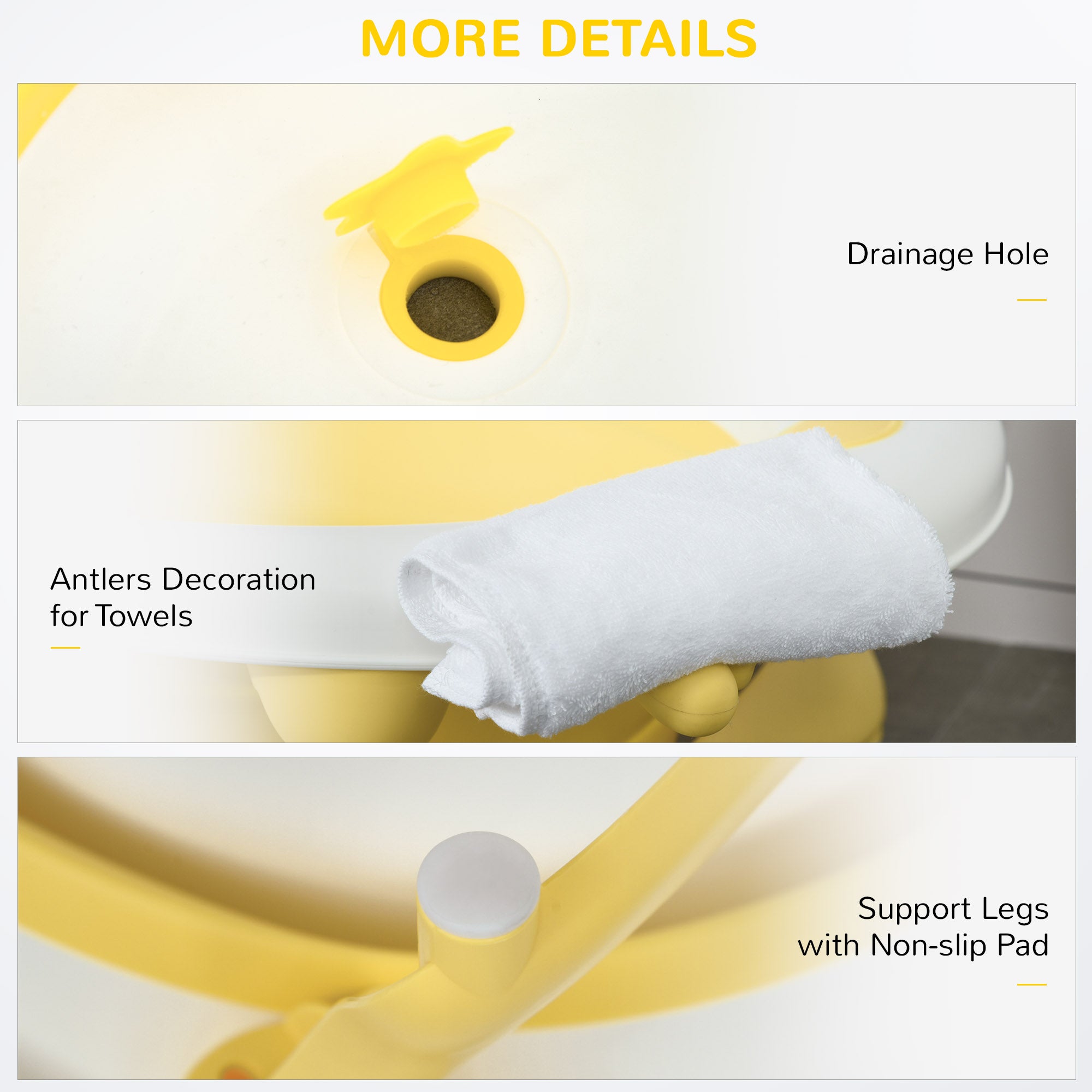 HOMCOM Foldable Baby Bathtub Set, Collapsible Bath Tub with Thermostatic Water Plug, Non-Slip Support, Cushion Pad, Drain Plugs, for Newborn to 3 Years - Yellow - North Peak Garden Furniture