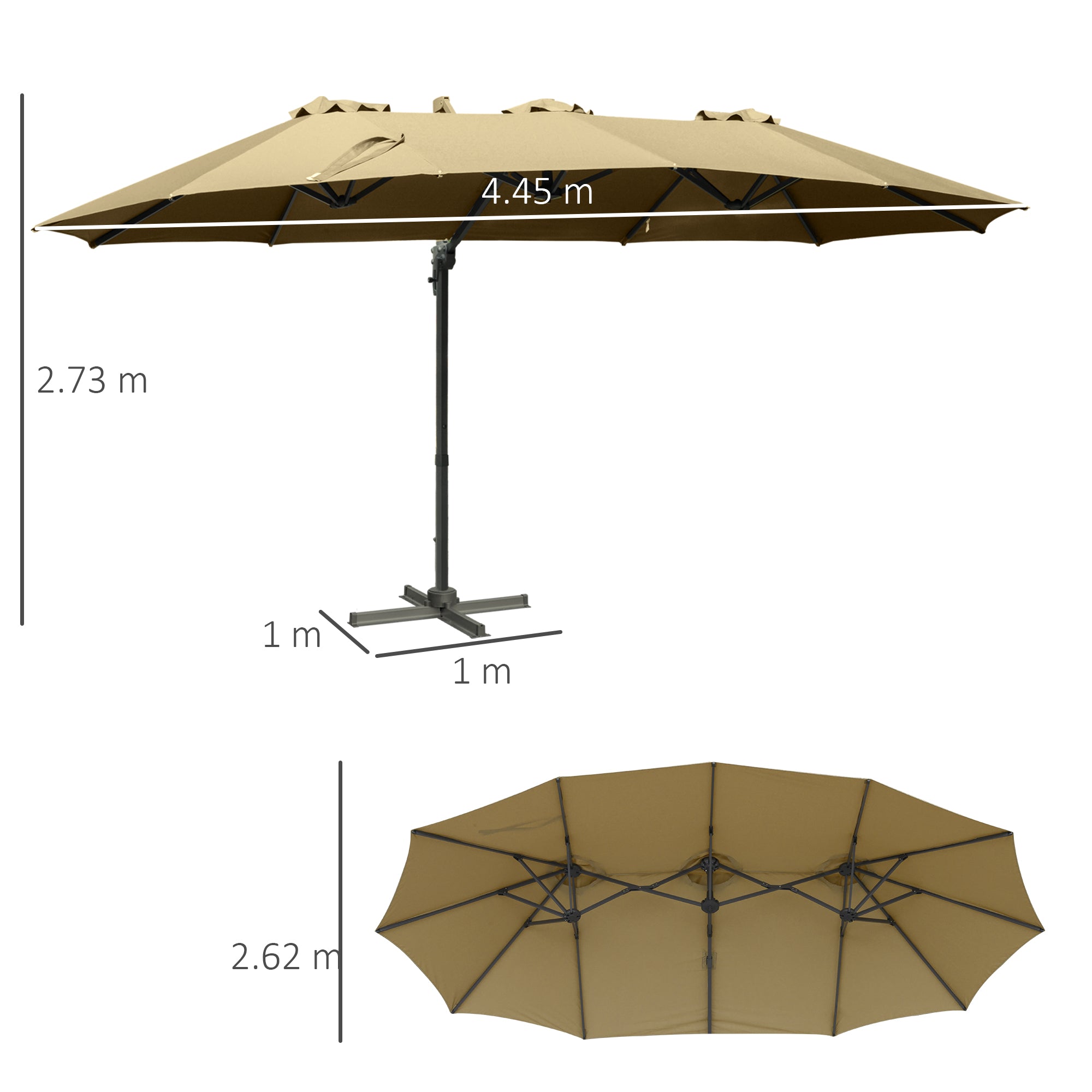 Outsunny 4.5 m Patio Parasol, Large Double-Sided Rectangular Garden Umbrella with Crank Handle, 360° Cross Base for Bench, Outdoor, Khaki