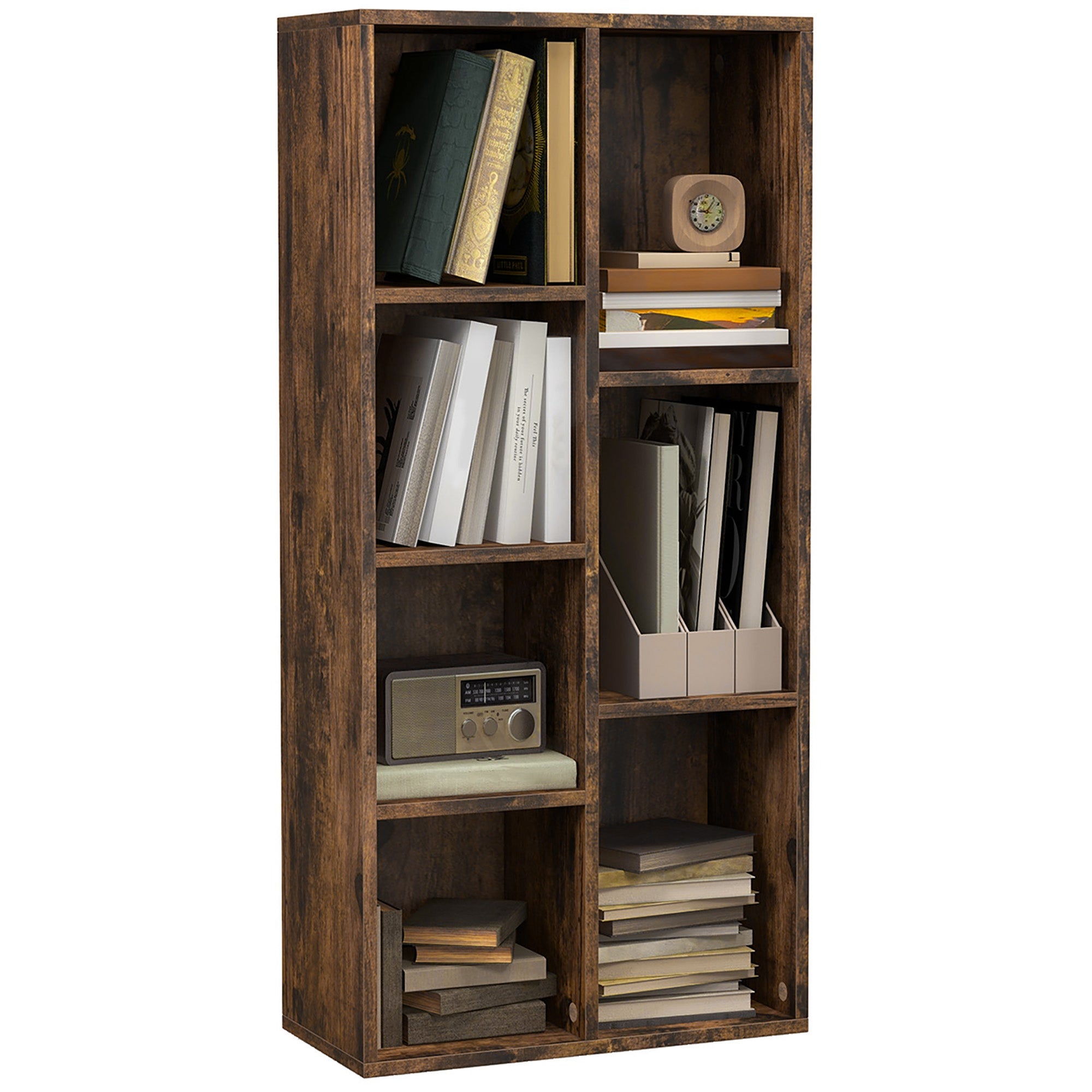 HOMCOM Seven-Cube Bookcase - Rustic Brown Wood Effect - North Peak Garden Furniture