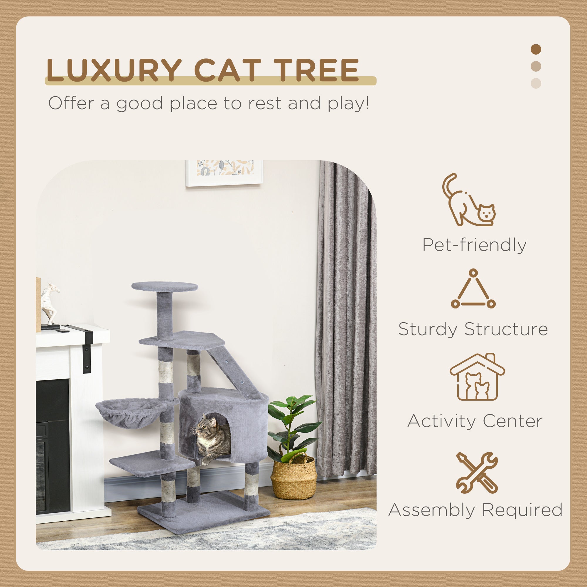 PawHut Cat Tree with Scratching Post, Kitten Activity Centre, Play House, Pet Furniture, 125cm, Grey