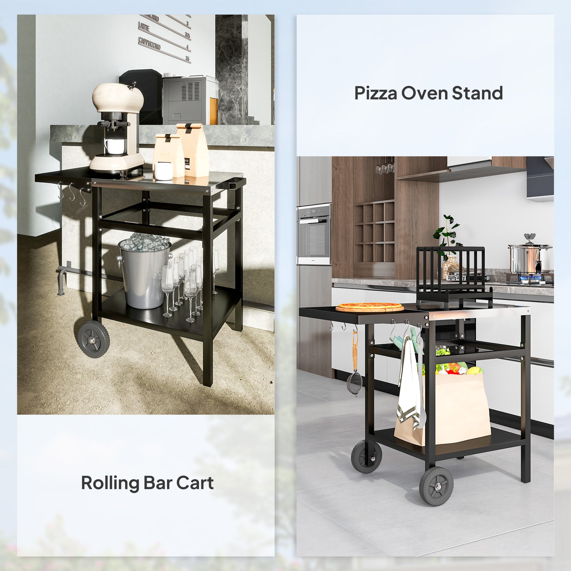 Outsunny BBQ Trolley with Stainless Steel Top and Foldable Side Table, Outdoor Kitchen BBQ Station with Hooks and Shelf, Pizza Oven Table Movable Outdoor Grill Dining Cart with Cover, Black - North Peak Garden Furniture
