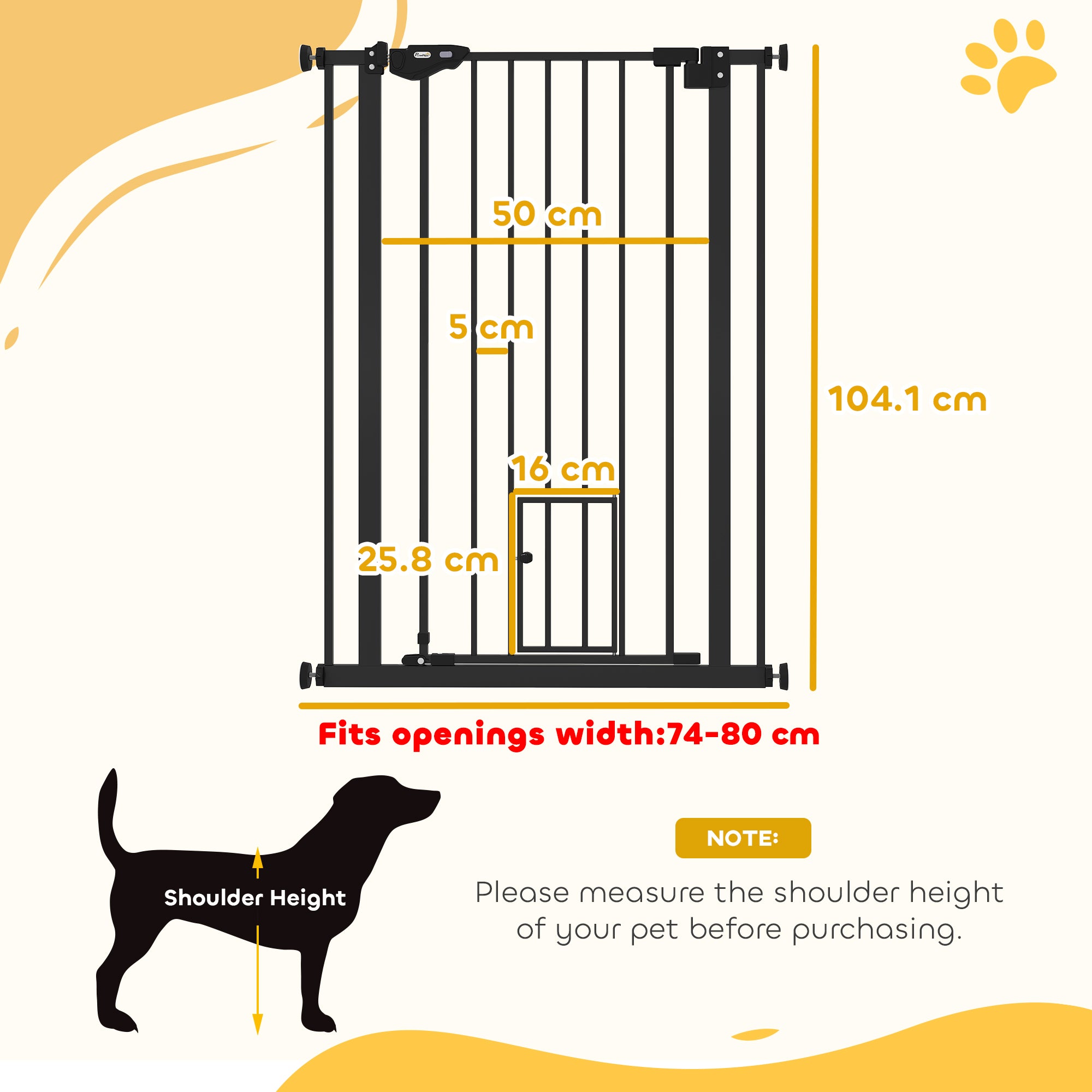 PawHut Extra Tall Pet Gate, Indoor Dog Safety Gate, with Cat Flap, Auto Close, 74-80cm Wide - Black - North Peak Garden Furniture