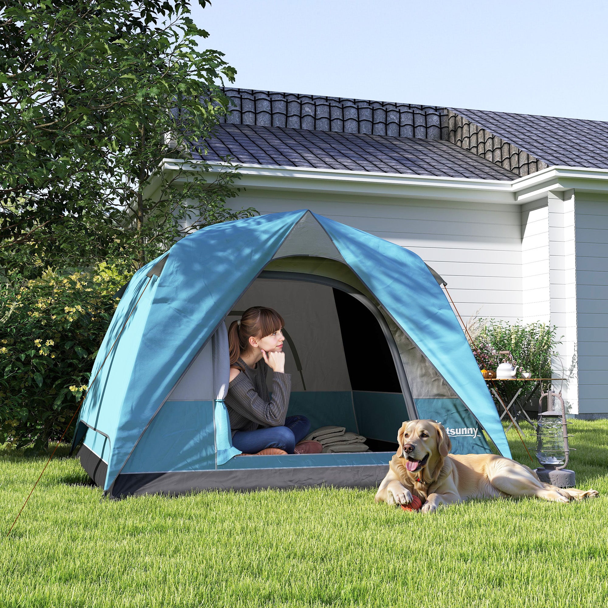 Outsunny 3-4 Person Camping Tent, Easy Set Up Waterproof Dome Tent with Sewn-in Groundsheet, Mesh Windows, Pocket and Hook for Camping, Hiking, Backpacking, Navy Blue and Light Blue - North Peak Garden Furniture