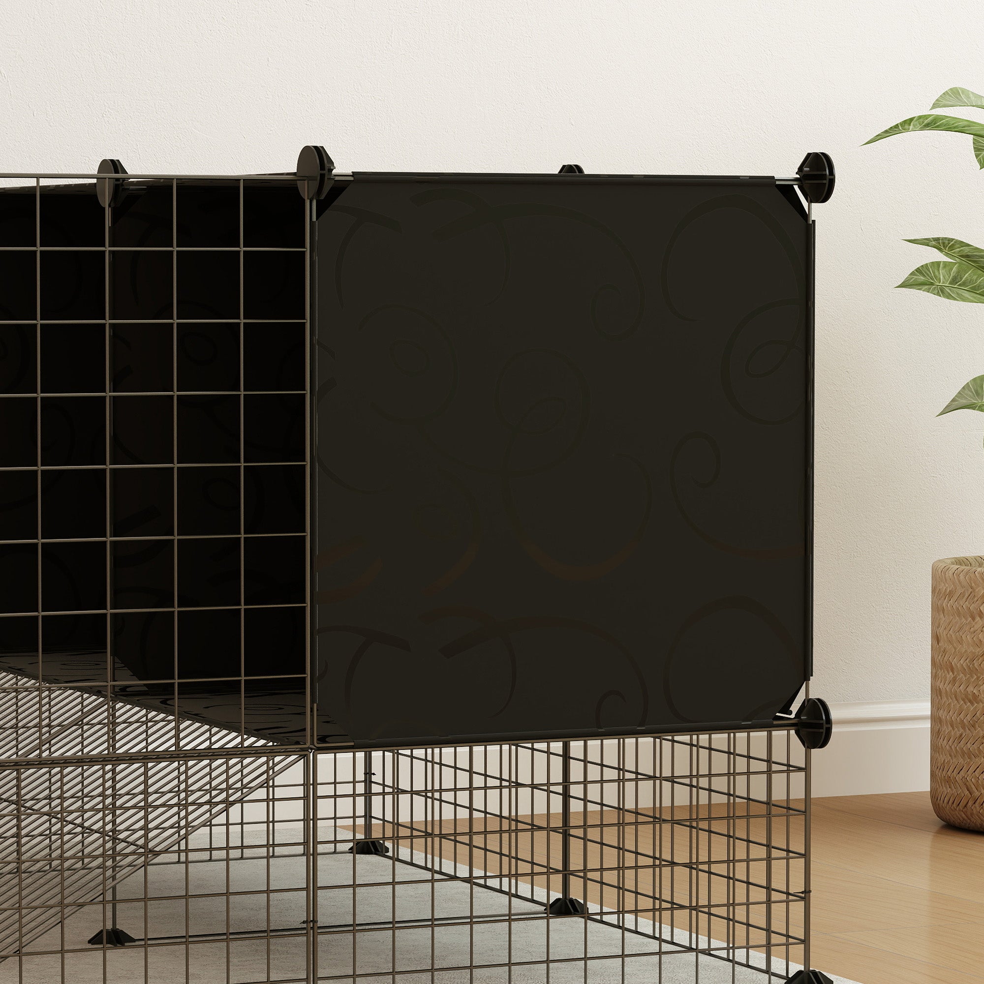 PawHut DIY Small Animal Cage with Elevated Huts, C&C Cage for Guinea Pigs, Hedgehogs, Rabbits, 31 Panels, Black