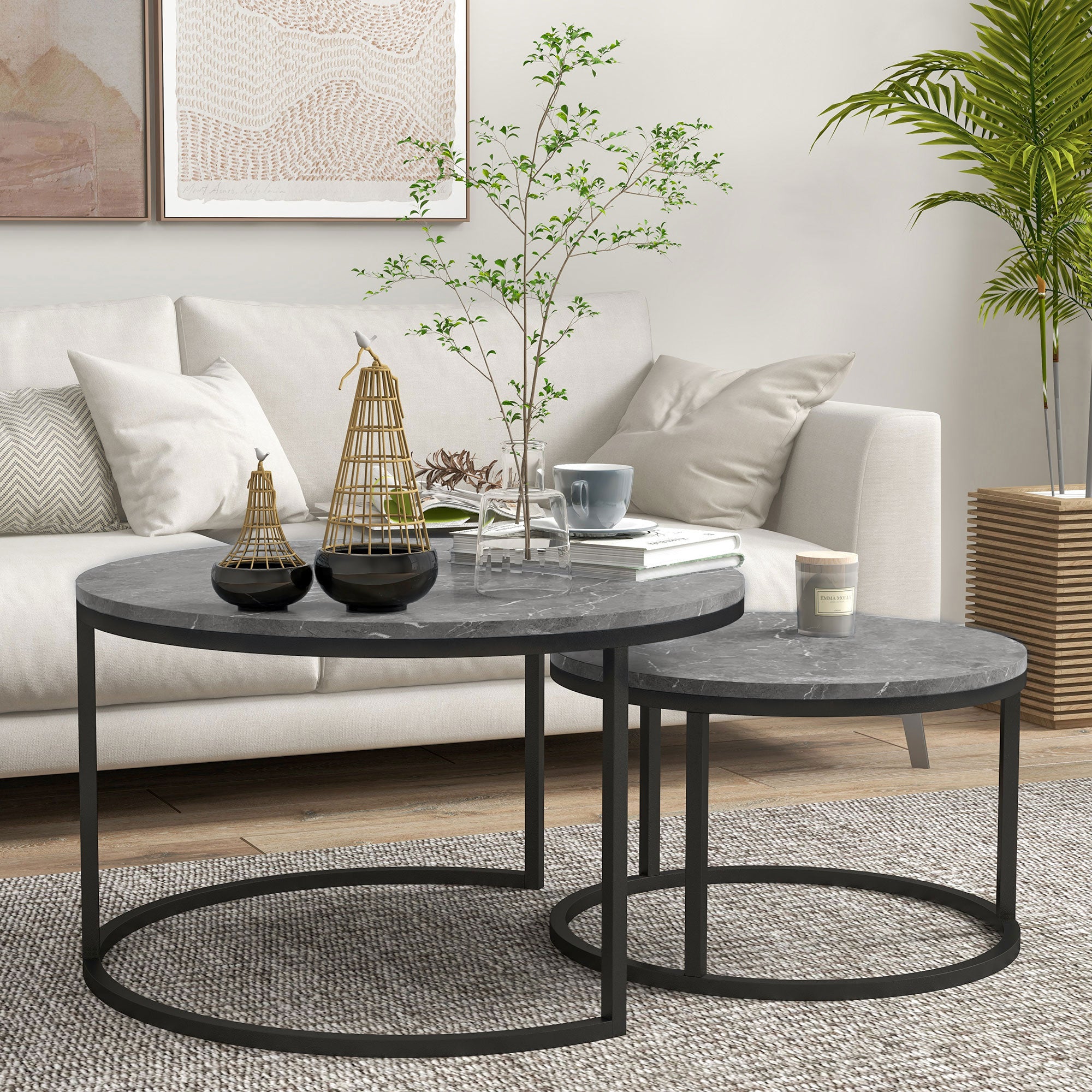 HOMCOM Industrial Nesting Coffee Table Set of 2, Round Coffee Tables, Living Room Table with Faux Marbled Top and Steel Frame