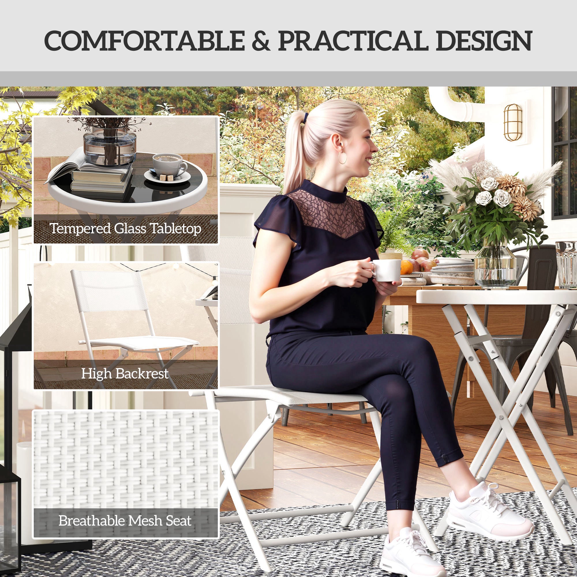 Outsunny 3 Pieces Outdoor Bistro Set, Glass Top Outdoor Table and 2 Folding Chairs with Protecting Feet, White - North Peak Garden Furniture
