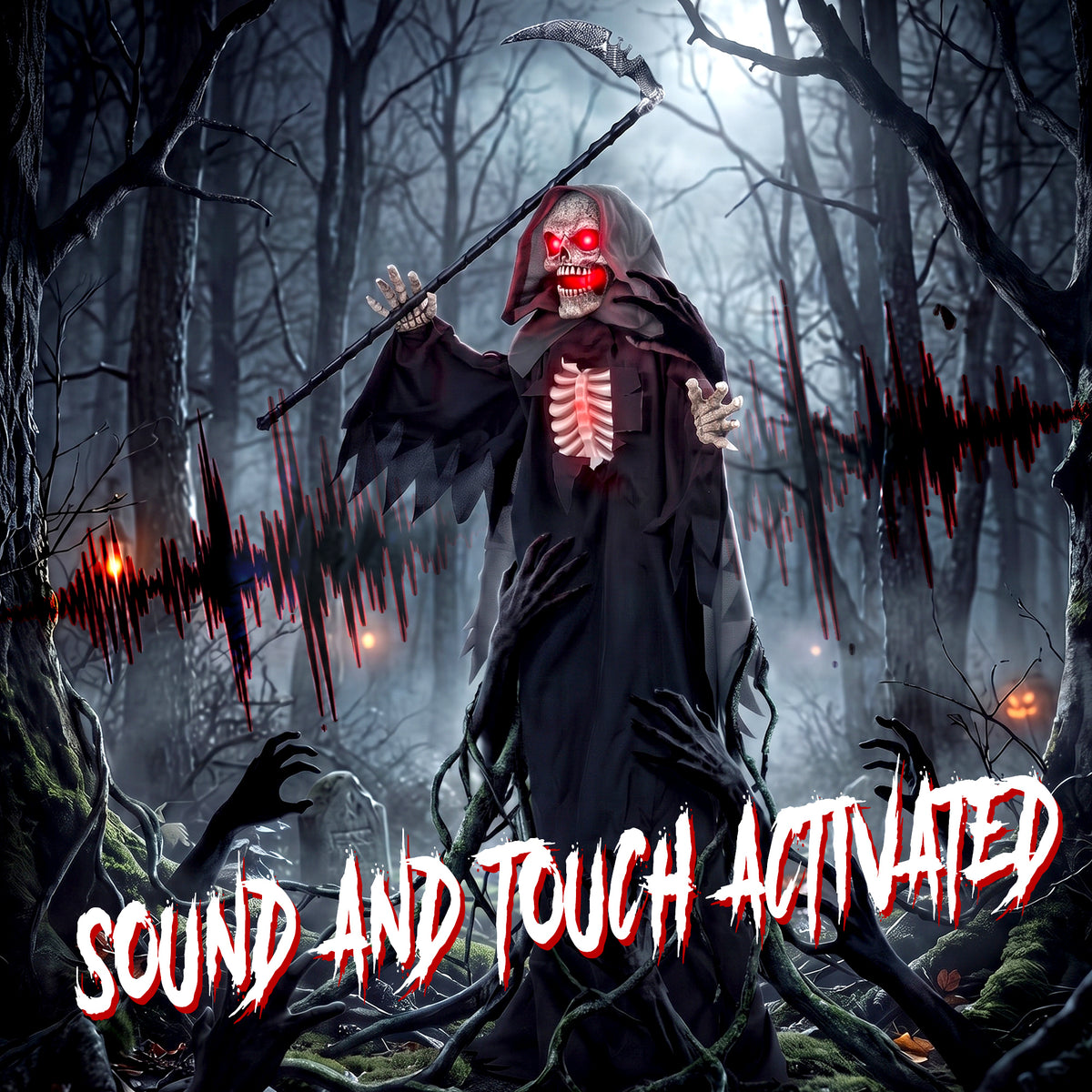 HOMCOM 170cm Life Size Animated Grim Reaper Halloween Decoration, Scary Halloween Animatronics Decor with Sound Touch Activated