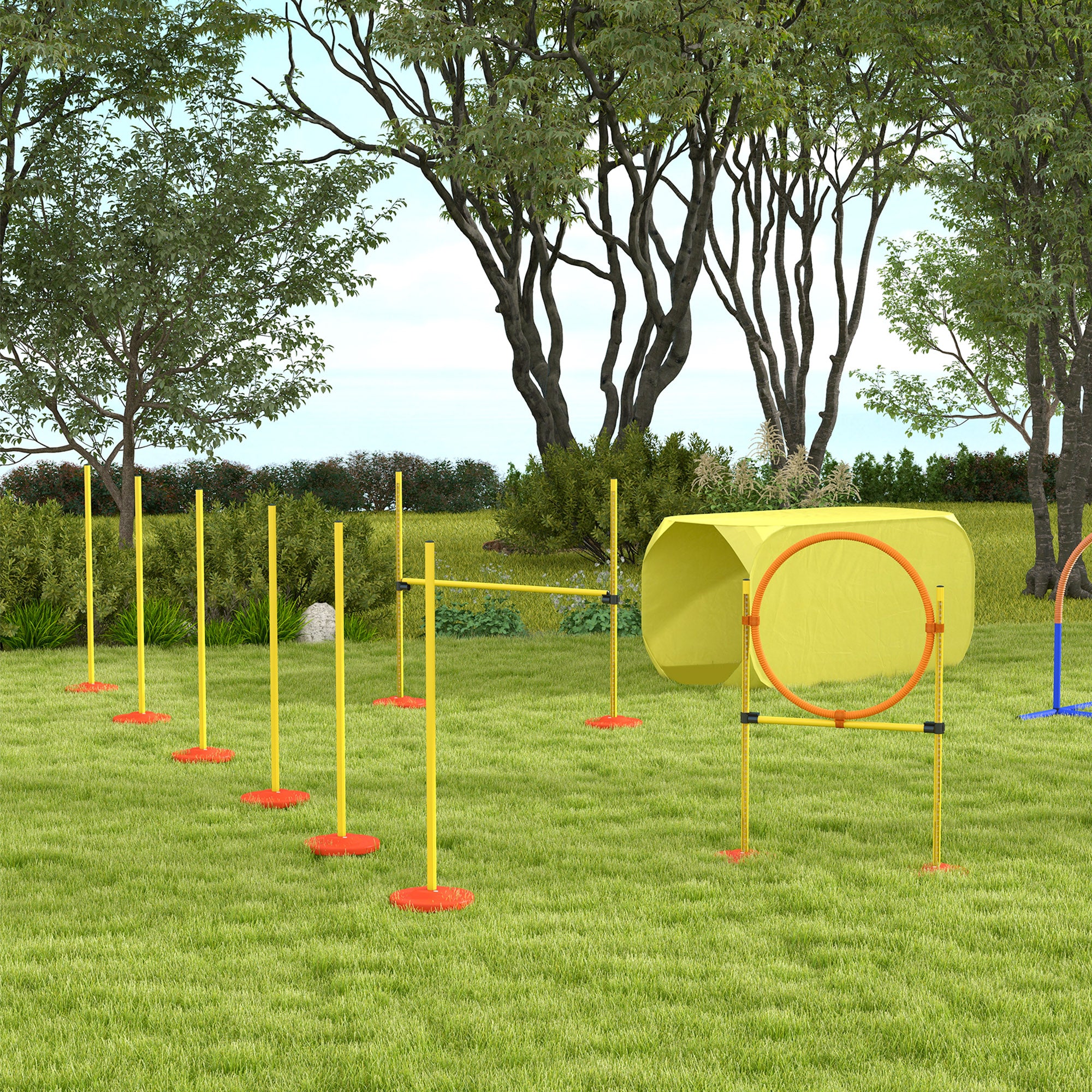 Pawhut Dog Agility Equipment Portable Pet Training Obstacle Set for Dogs 5 Pieces w/ Adjustable High Jumping Pole, Jumping Ring, Weave Poles, Tunnel - North Peak Garden Furniture