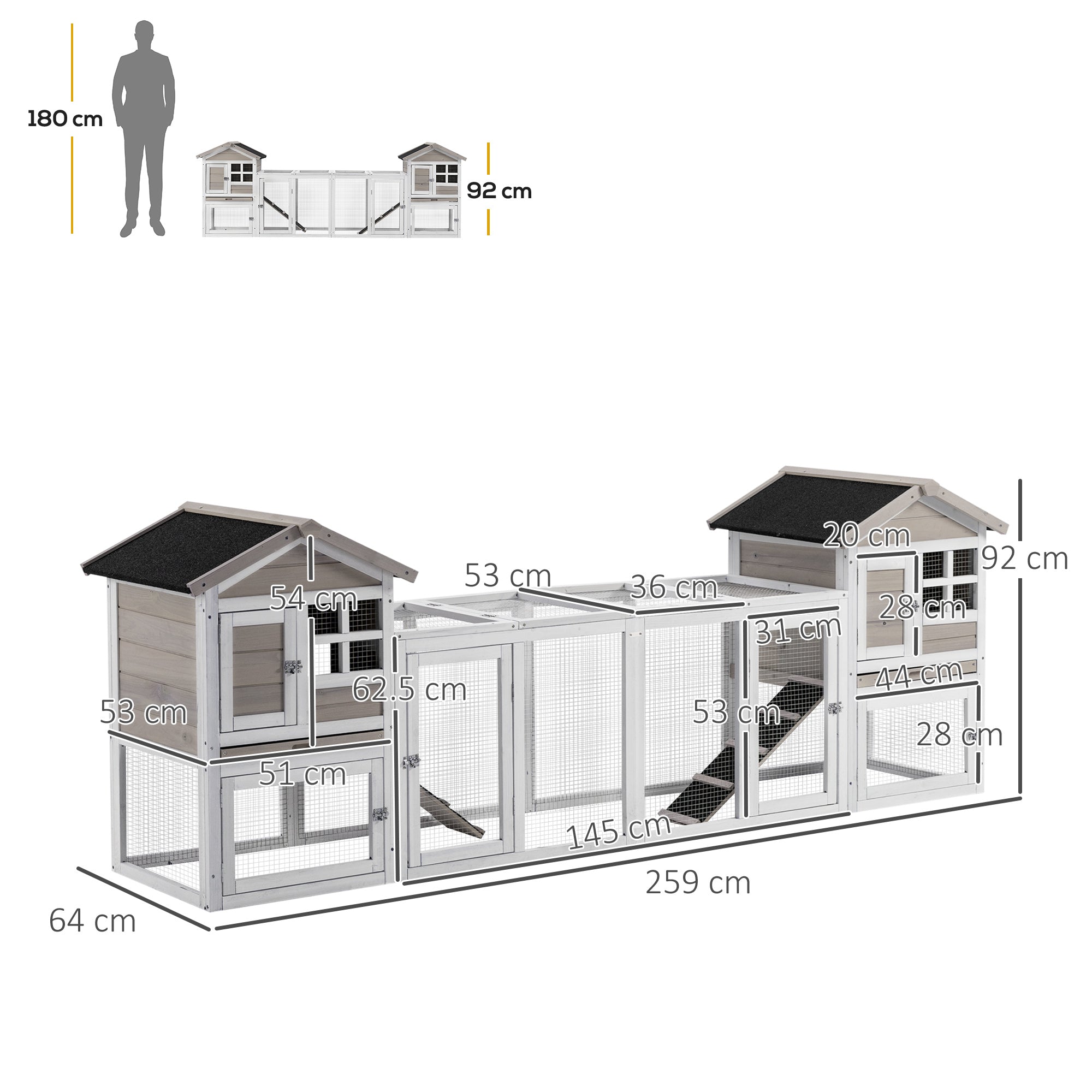 PawHut 2 in 1 Rabbit Hutch Outdoor Guinea Pig Hutch Bunny Run Double Main House with Run, No-Leak Tray 259 x 64 x 92cm, Grey - North Peak Garden Furniture