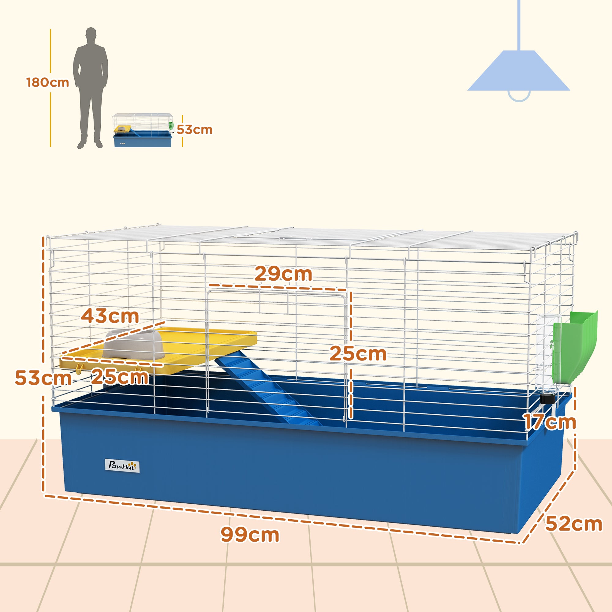 PawHut Chinchillas Small Rabbit Guinea Pig Small Animal Cage, Pet Playhouse, with Platform, Ramp, 99 x 52 x 53cm, Blue