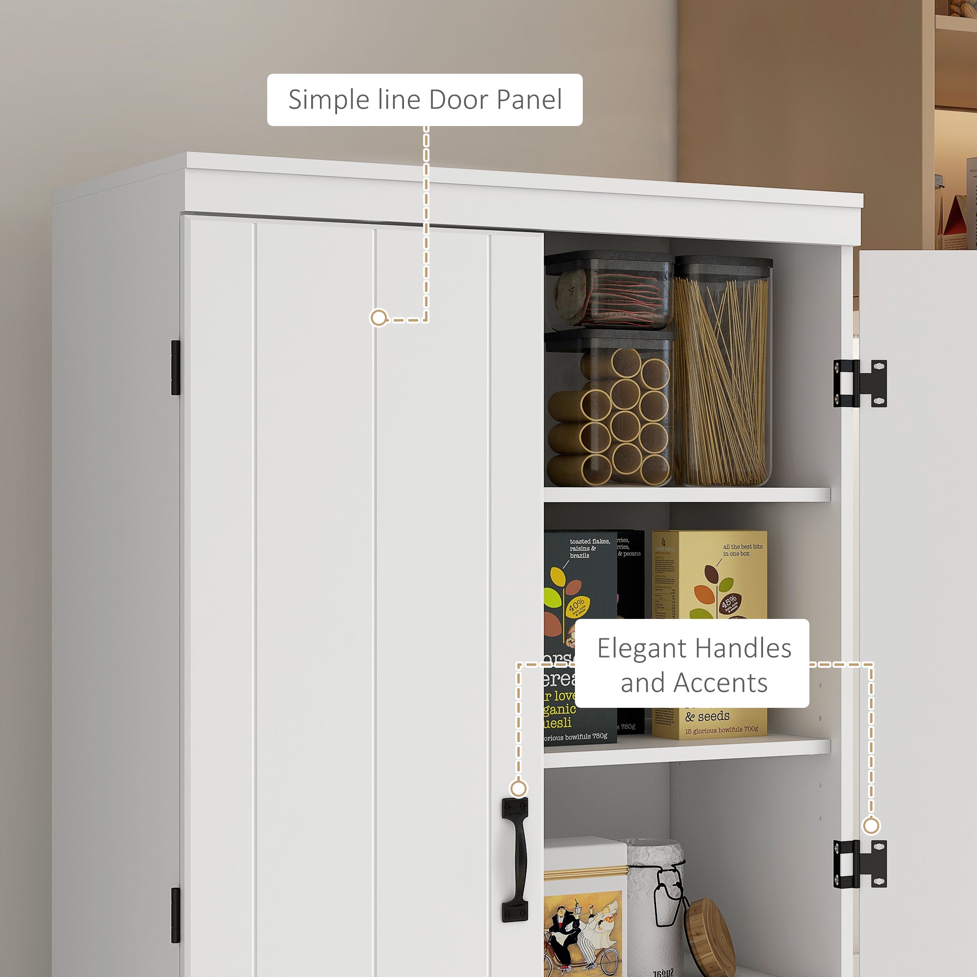 HOMCOM 4-Door Tall Kitchen Cupboard, Freestanding 6-Tier Storage Cabinet with 2 Adjustable Shelves for Living Room, Dining Room, White - North Peak Garden Furniture