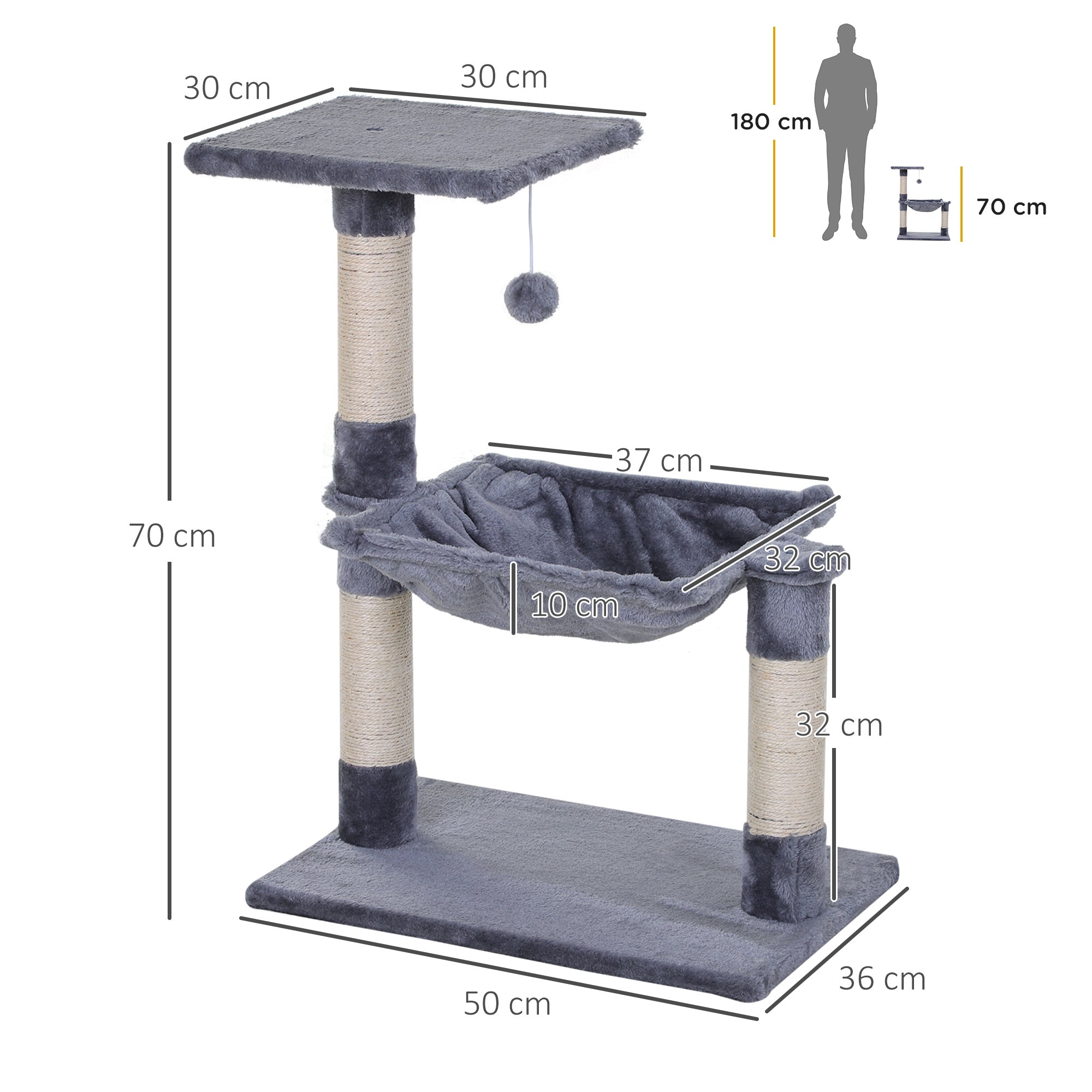 PawHut Cat Scratch Post with Bed Cat Tree for Indoor Cats Sisal Scratching Posts Hammock Kitty Activity Centre Grey - North Peak Garden Furniture