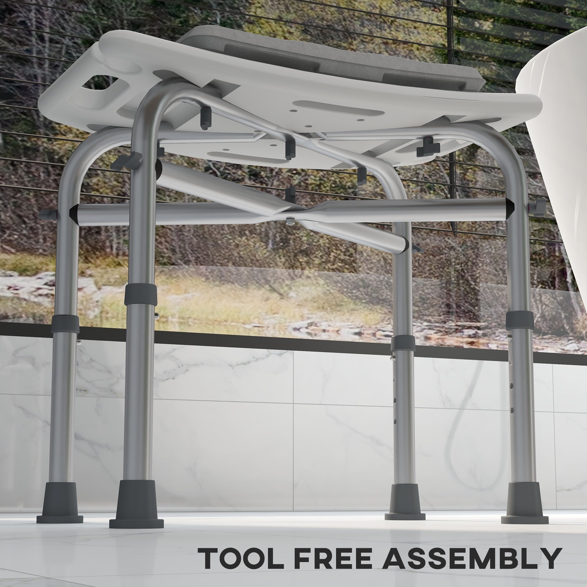 HOMCOM Aluminium Shower Stool for Elderly, Height Adjustable Shower Seat with Removable Padded Cushion, Shower Head Holder, Non-Slip Bath Stool for Seniors, Disabled, Pregnant, White - North Peak Garden Furniture