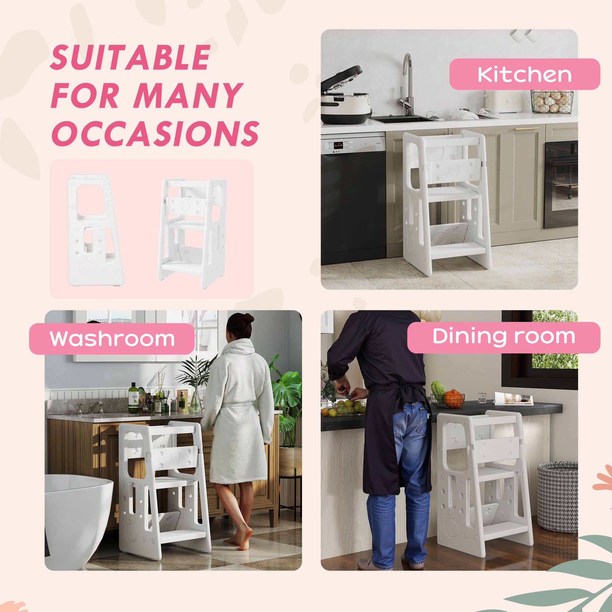 HOMCOM Kids Step Stool, Adjustable Standing Platform, Toddler Kitchen Stool - North Peak Garden Furniture