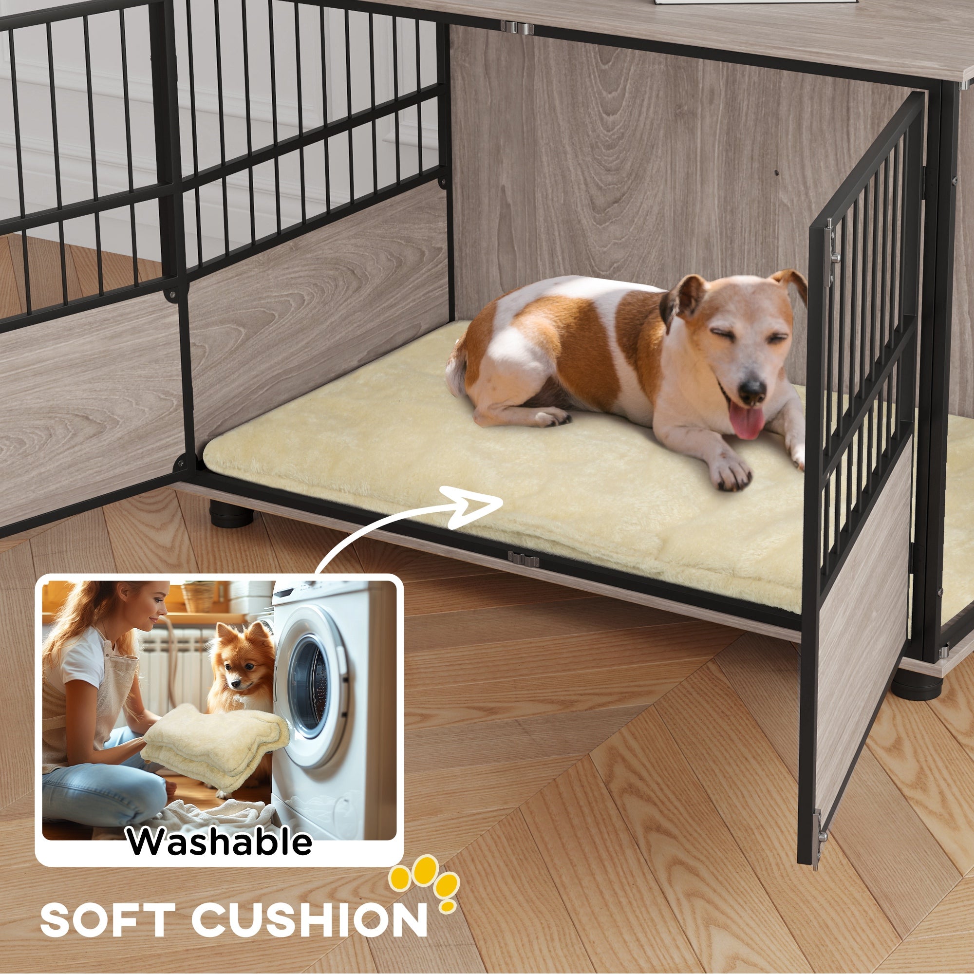 PawHut 100cm Furniture Style Dog Crate Dog Cage End Table Indoor with 3 Doors Soft Washable Cushion, for Large Sized Dogs - North Peak Garden Furniture